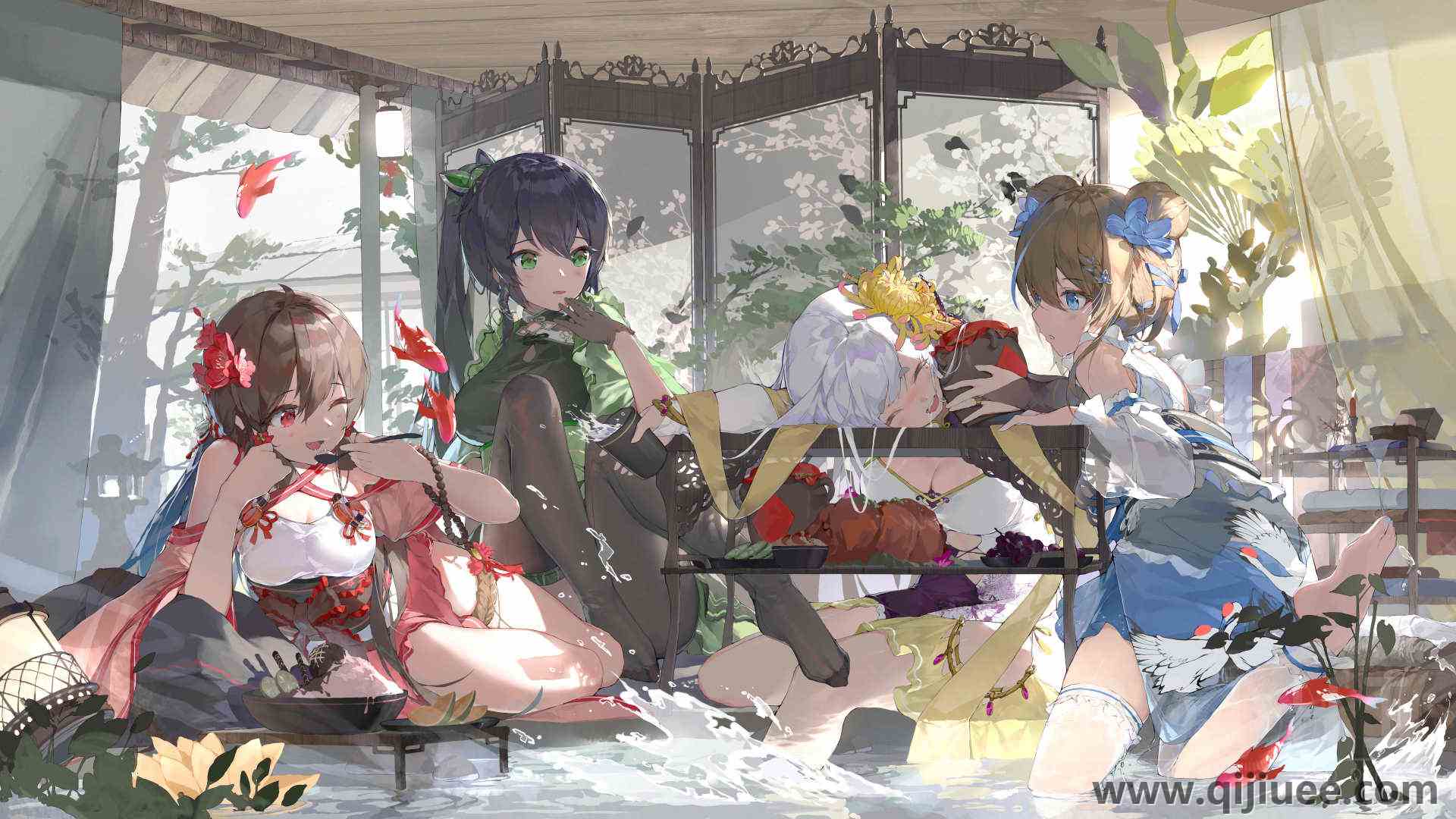 闭眼 发髻 动漫 动漫女孩 水 鱼 手套 电脑壁纸 8K壁纸8640 x 4860/2.99 MB-柒染云阁