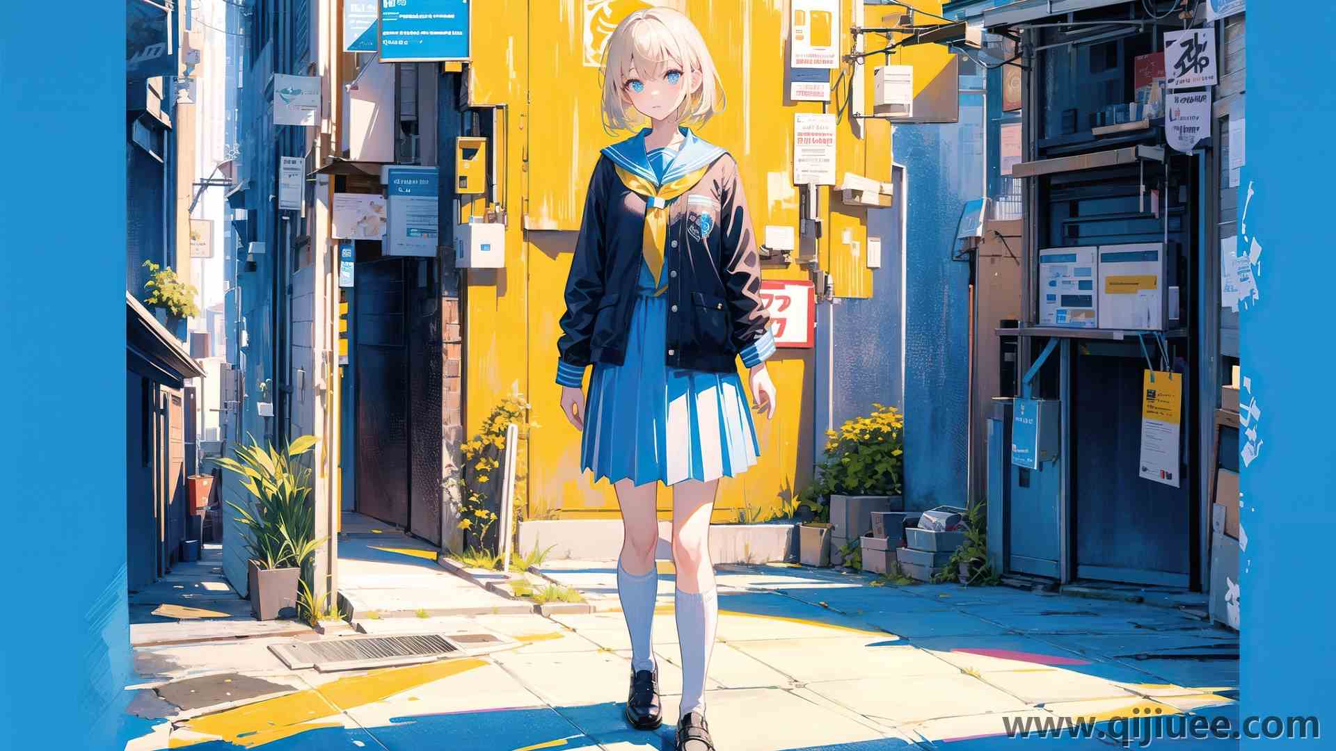 女学生 金发 蓝眼睛 动漫女孩 动漫 AI艺术 校服 街头 人工智能艺术  电脑壁纸 4K壁纸3840 x 2400/6.09 MB-柒染云阁