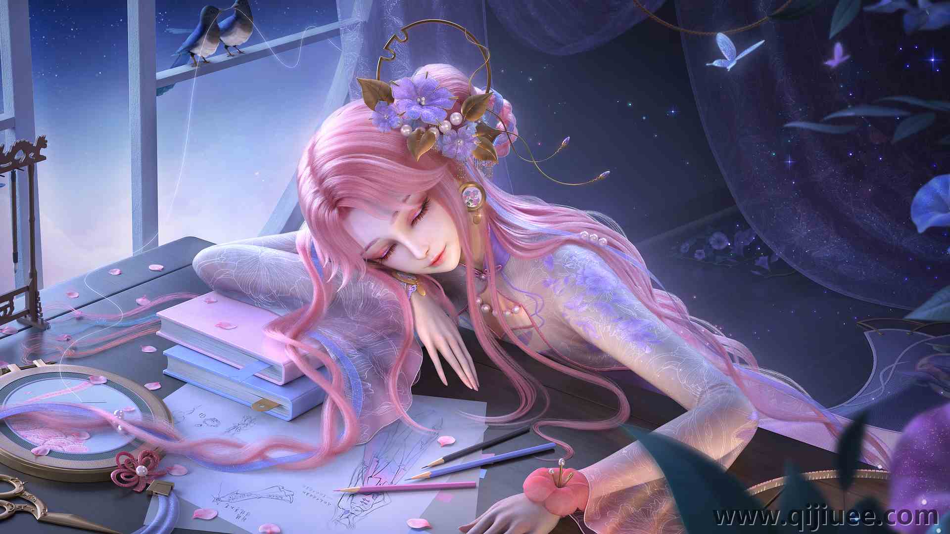 游戏CG角色 粉色头发 闭着眼睛 绘画 游戏CG女孩 游戏CG艺术 睡眠 王者荣耀  电脑壁纸 4K壁纸5199 x 2880/13.15 MB-柒染云阁