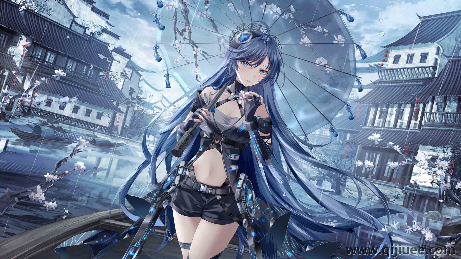 蓝头发 长发 蓝眼睛 少女卡伦 雨伞 雨 短裤 动漫女孩  电脑壁纸 4K壁纸4200 x 2363/12.94 MB-柒染云阁