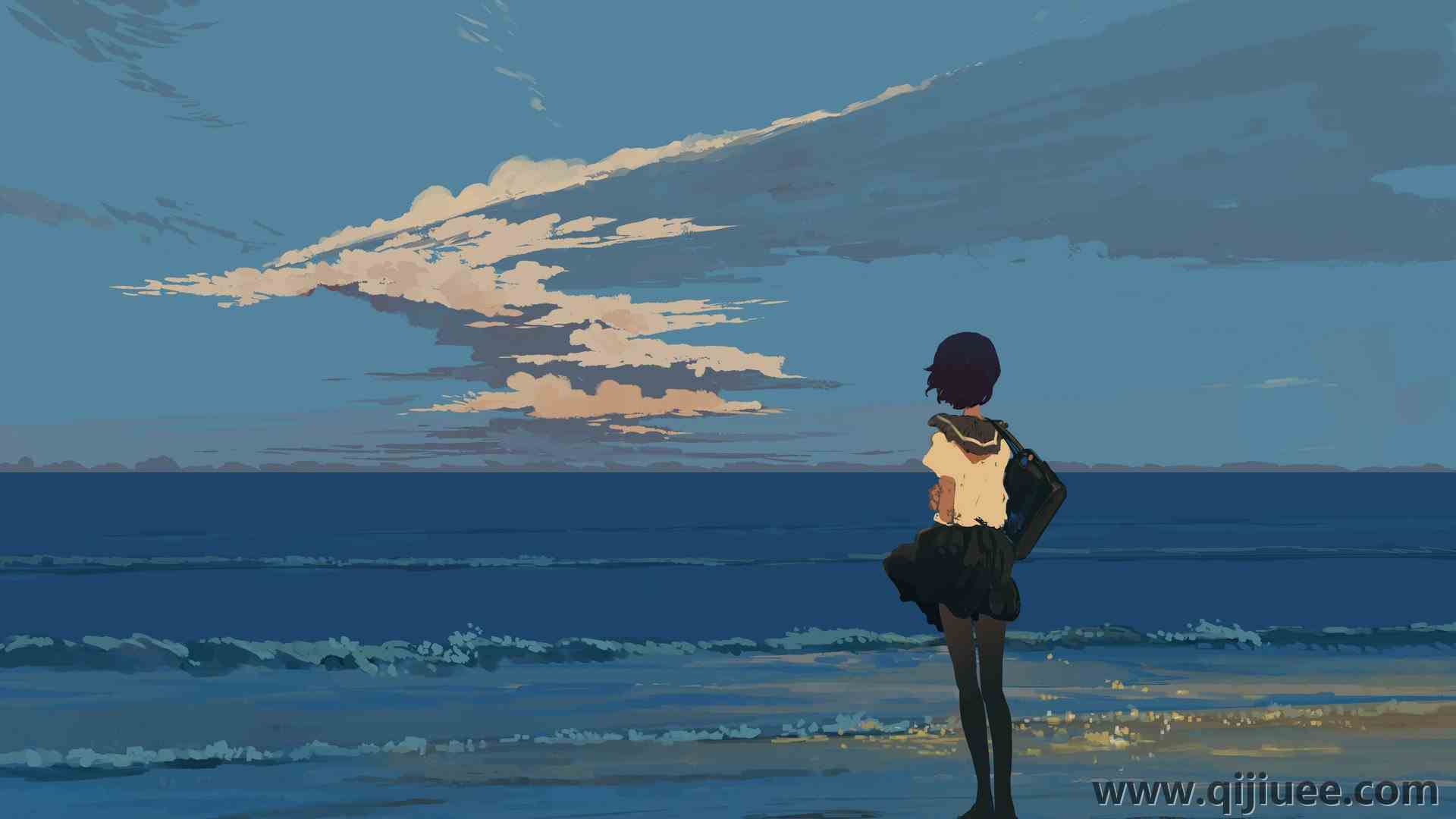 女学生 站立 校服 海滩 海边 日落 宁静 海浪 水 云 天空 AI艺术  电脑壁纸 4K壁纸4096 x 2477/0.42 MB-柒染云阁