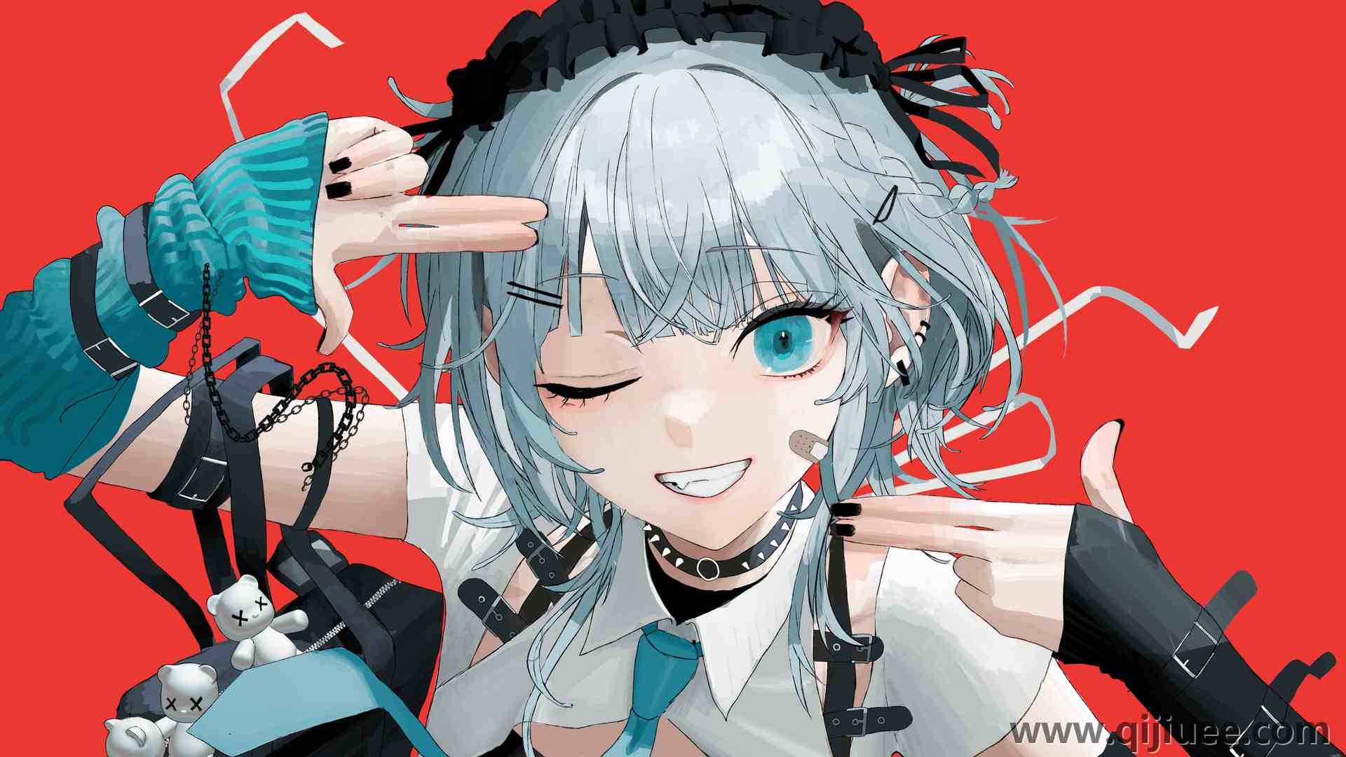 一只眼睛闭着 蓝眼睛 动漫 动漫女孩 银发 指枪 创可贴  电脑壁纸 4K壁纸3840 x 2160/4.33 MB-柒染云阁