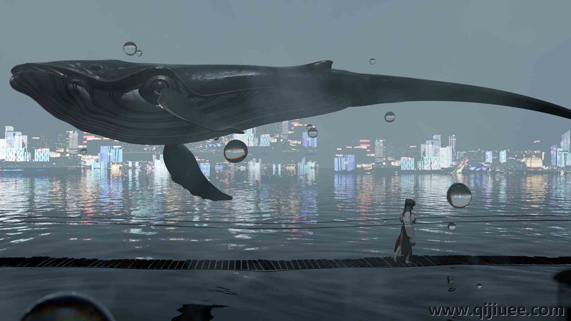 动漫 动漫女孩 鲸鱼 水 泡泡 动物 城市灯光  电脑壁纸 4K壁纸7638 x 3273/3.86 MB-柒染云阁