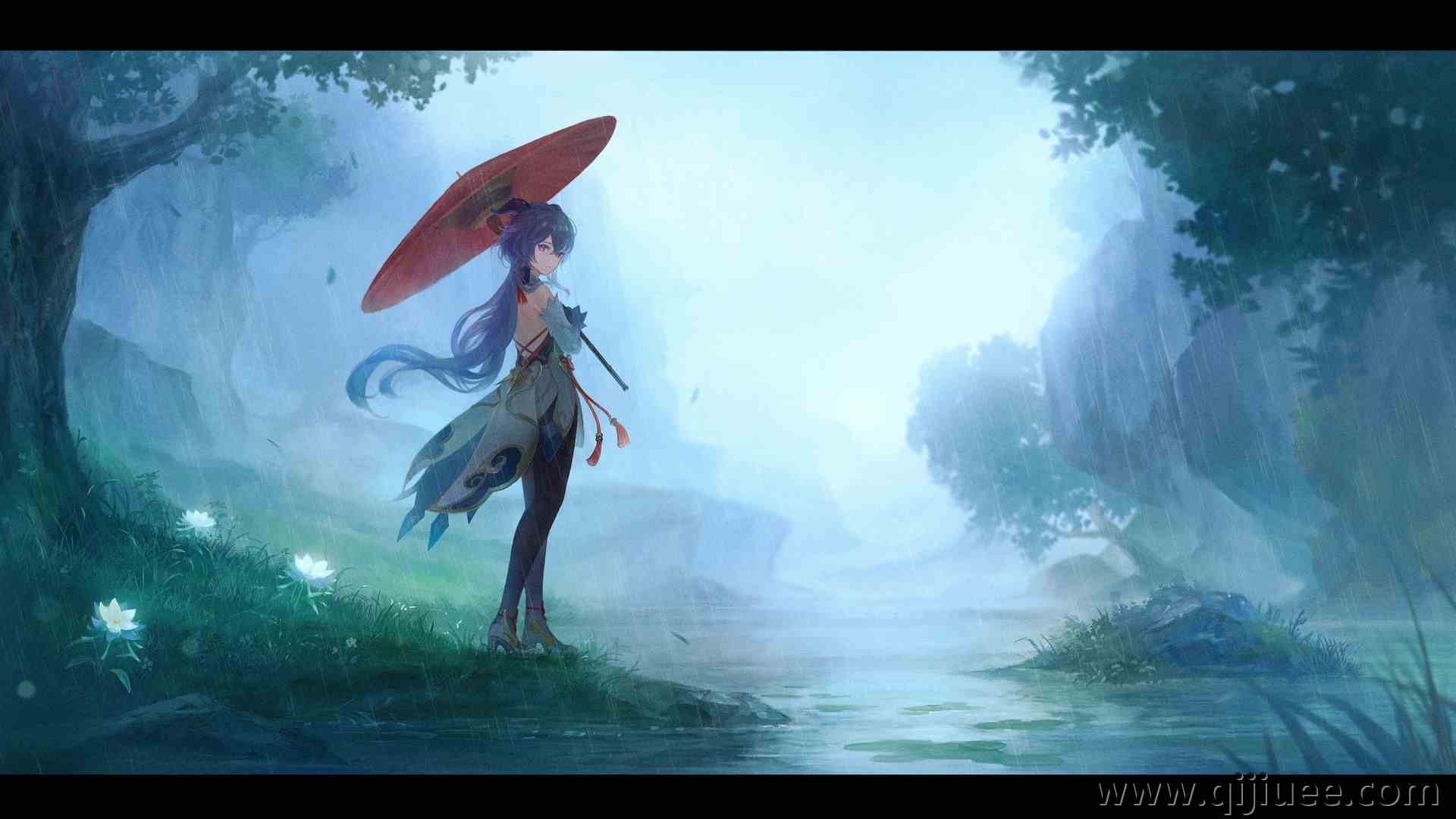 原神 动漫 动漫女孩 伞 雨 河 花 裤袜 紧身衣 电脑壁纸 4K壁纸4095 x 2302/3.06 MB-柒染云阁