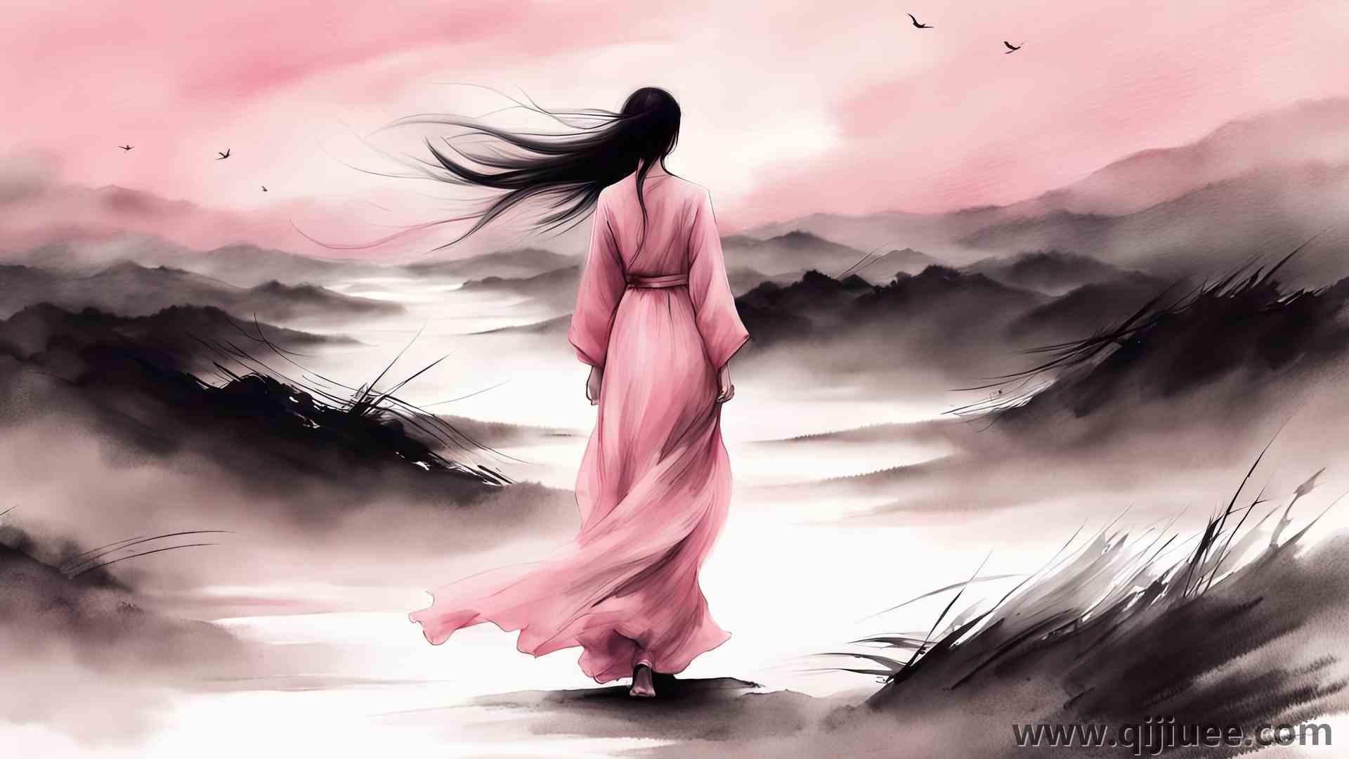 人工智能艺术 中国 墨画风 水彩风格 粉色 柔光 电脑壁纸 4K壁纸3840 x 2160/6.88 MB-柒染云阁