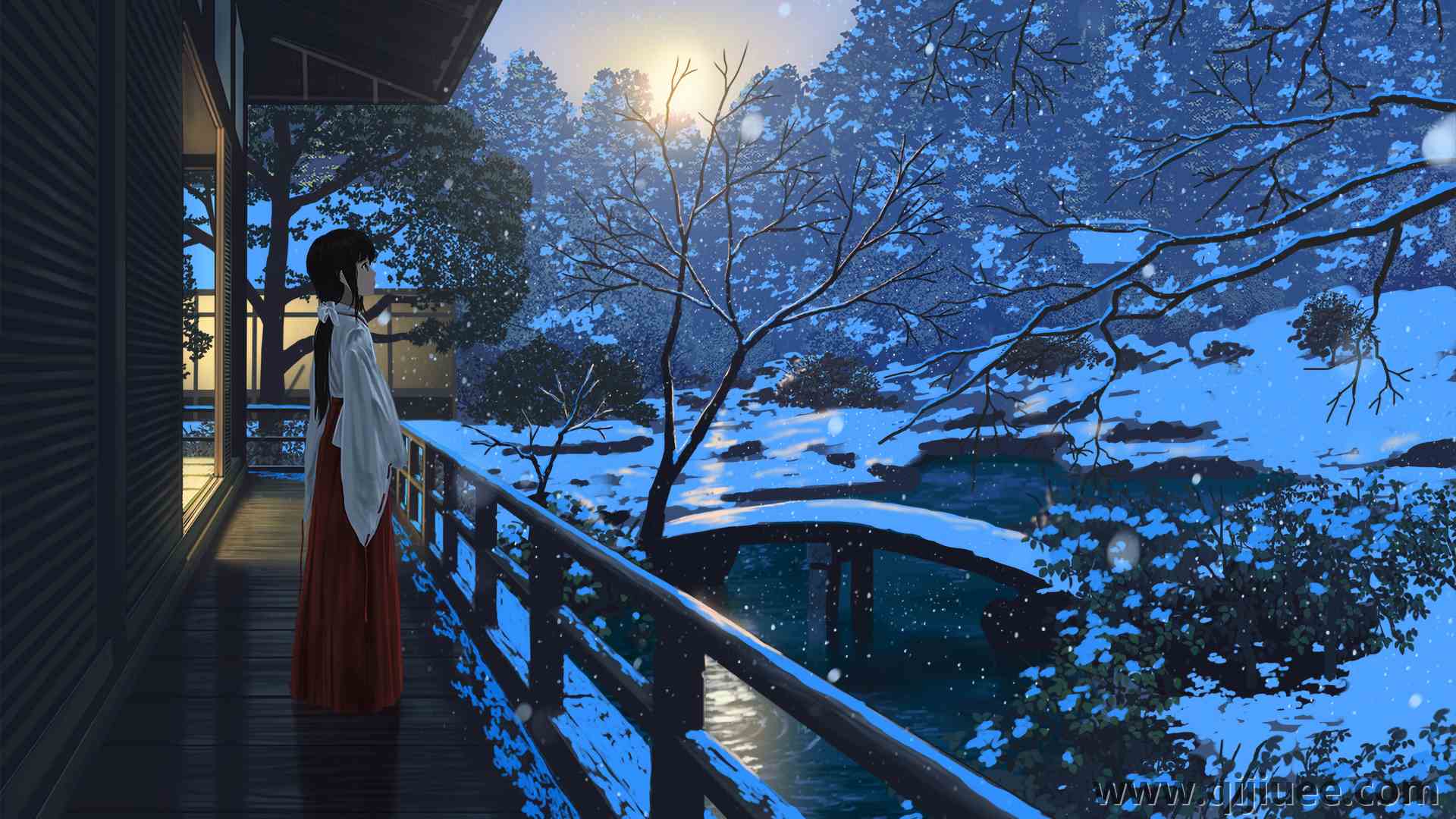 长发 动漫女孩 和服 独自 户外 桥梁 木屋 树木 下雪  电脑壁纸 4K壁纸3840 x 2160/4.79 MB-柒染云阁