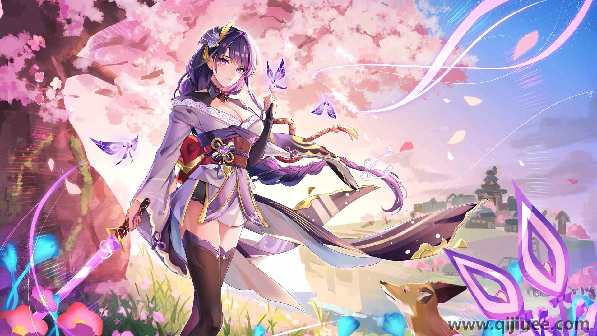 紫色头发 动漫 动漫女孩 樱桃树 樱花 剑  电脑壁纸 4K壁纸4096 x 2443/2.05 MB-柒染云阁