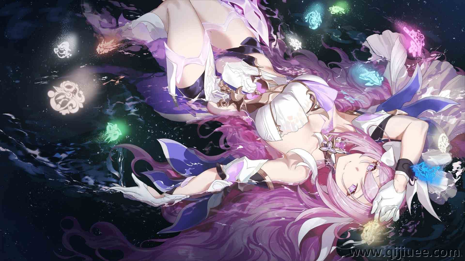 粉色头发 仰卧  白色连衣裙 动漫女孩 水 紫色眼睛  电脑壁纸 4K壁纸3840 x 2160/1.82 MB-柒染云阁