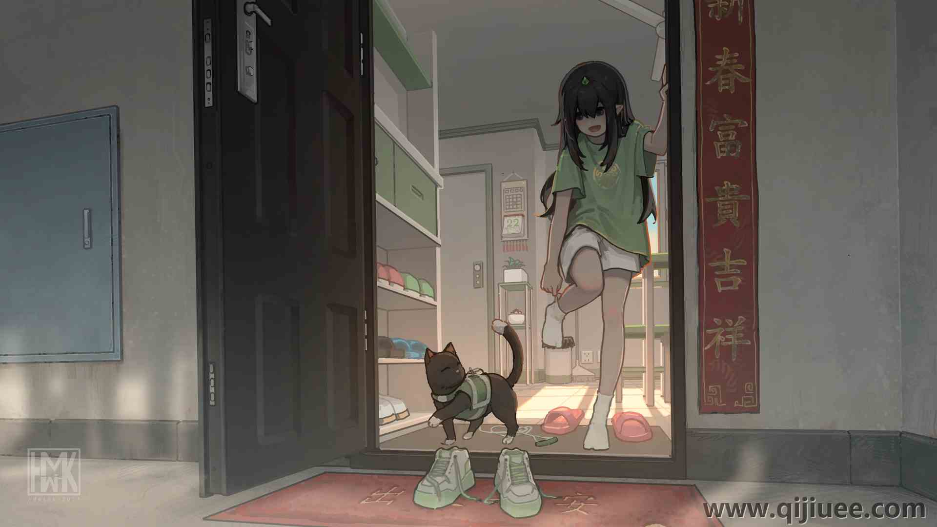 单腿站立 动漫 动漫女孩 猫 鞋子 袜子 电脑壁纸 4K壁纸5189 x 2919/14.93 MB-柒染云阁