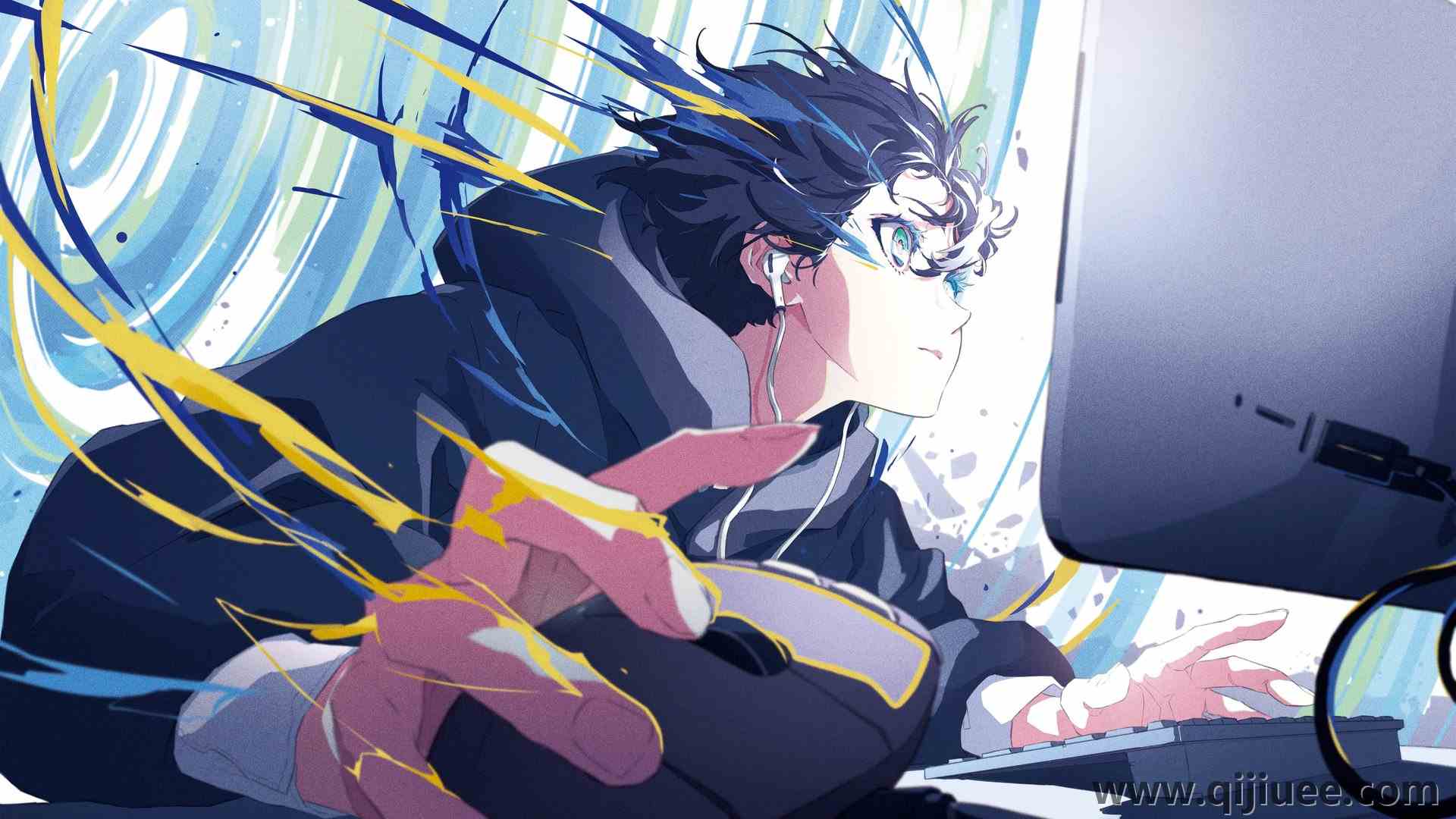 黑发 短发 绿眼睛 动漫 电脑鼠标 耳机 键盘 显示器 夹克 电线 动漫男孩  电脑壁纸 4K壁纸4096 x 2560/2.26 MB-柒染云阁