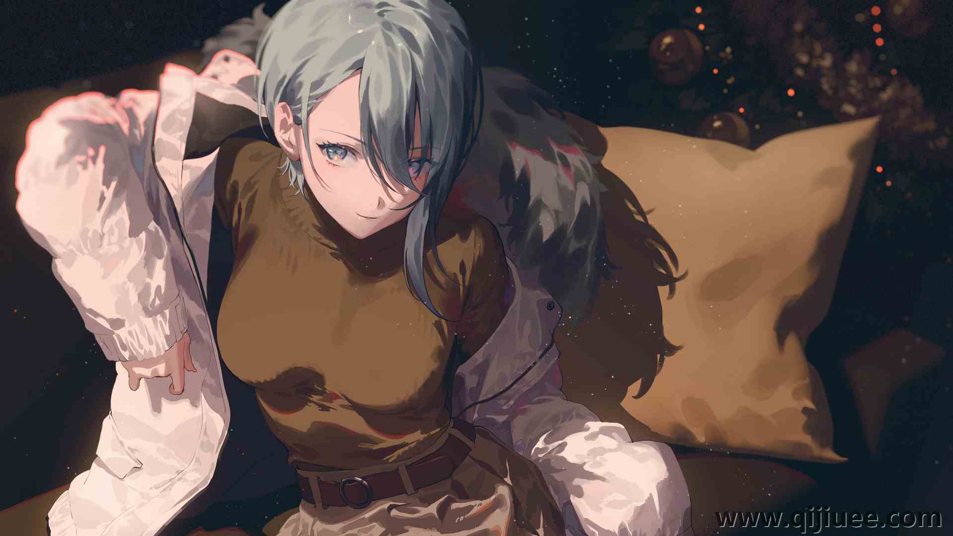 短发 蓝头发 蓝眼睛 毛衣 动漫女孩 枕头  电脑壁纸 4K壁纸5000 x 2812/4.27 MB-柒染云阁