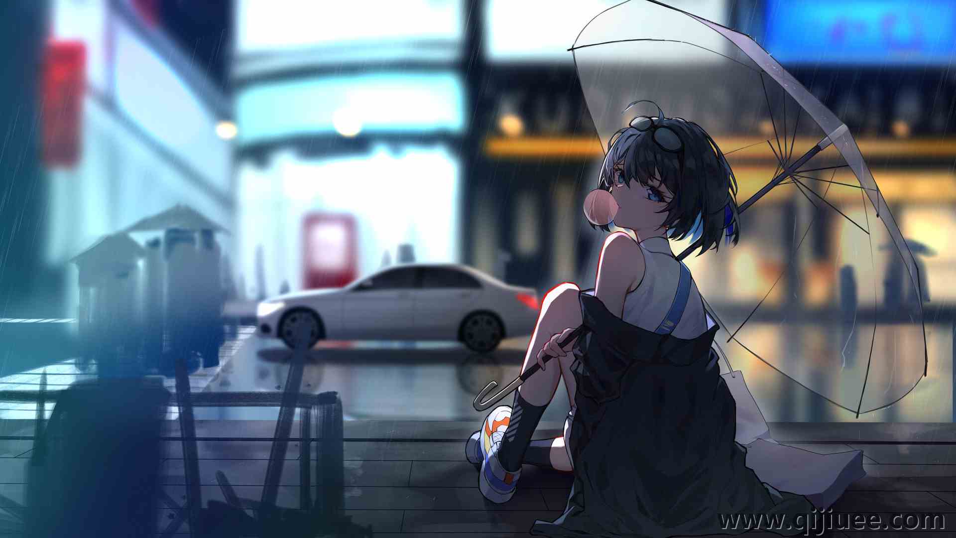 短发 蓝眼睛  城市 雨 黑发 动漫女孩 电脑壁纸 4K壁纸3840 x 2160/1.12 MB-柒染云阁