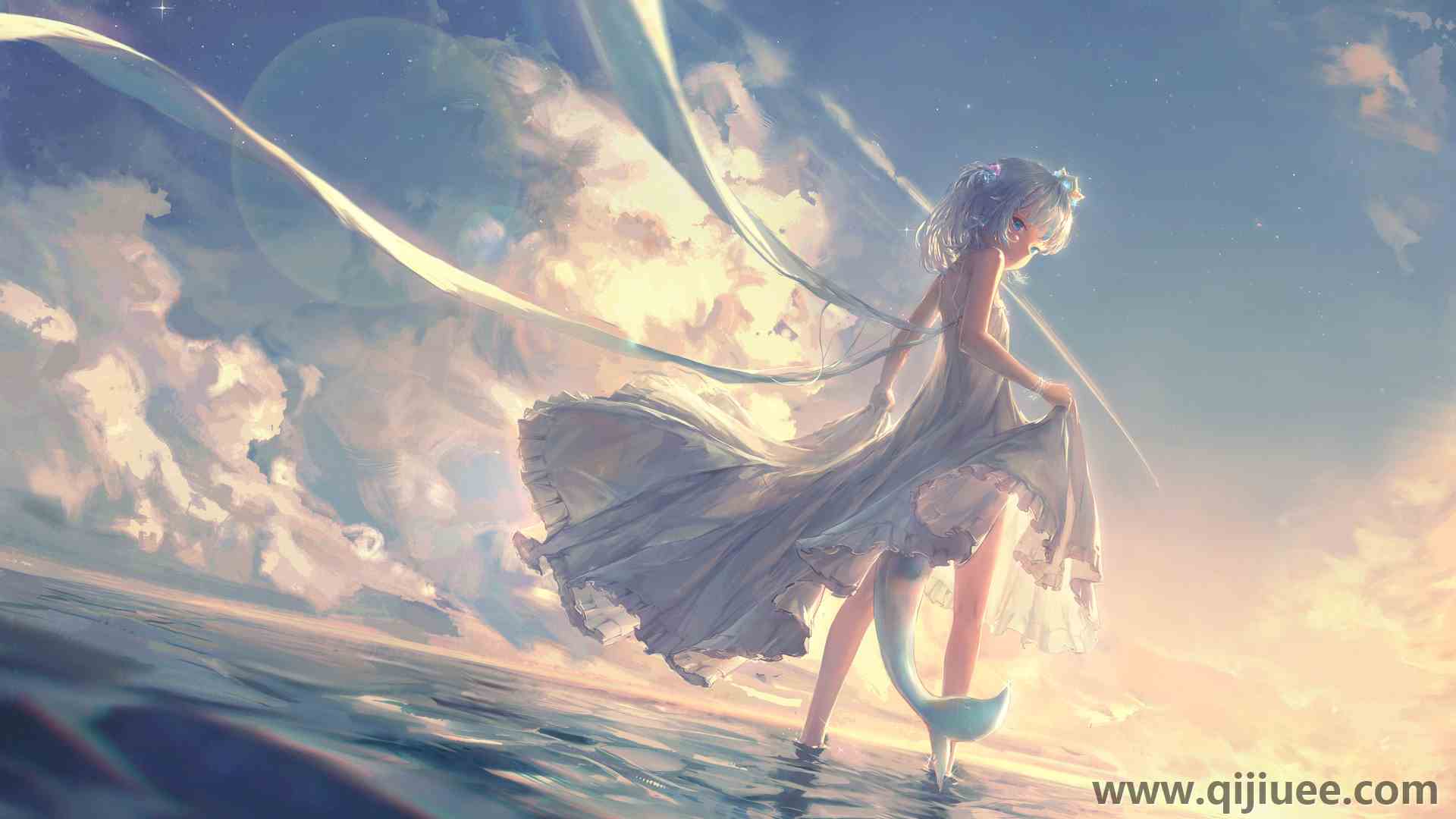 虚拟 水 日出 尾巴 裙子 动漫女孩  电脑壁纸 4K壁纸6000 x 4329/9.97 MB-柒染云阁