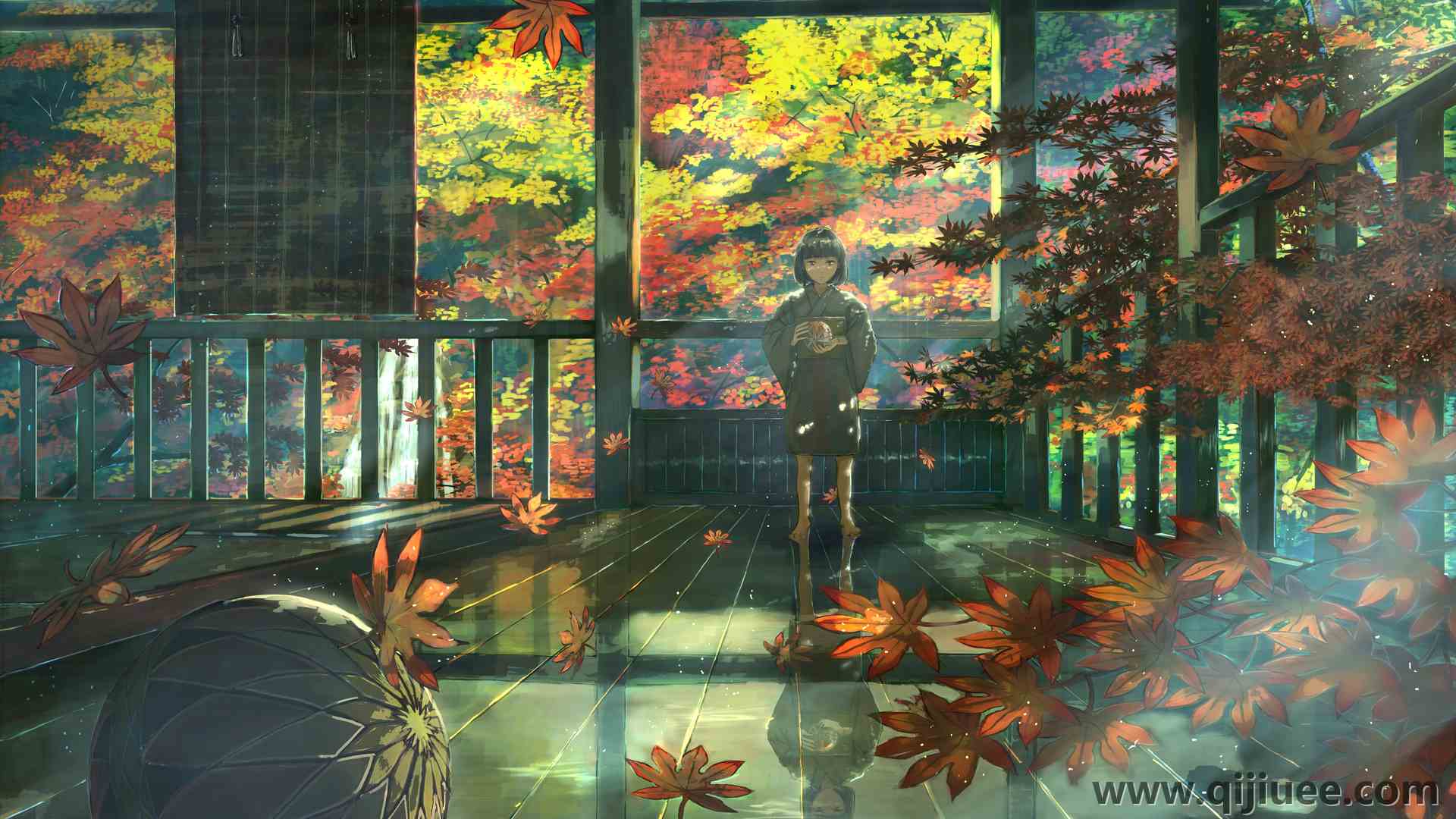 儿童 站立 樱花 动漫女孩 动漫 和服 球 树叶 秋天 树 倒影 阳光 插图  电脑壁纸 4K壁纸4093 x 2894/12.32 MB-柒染云阁