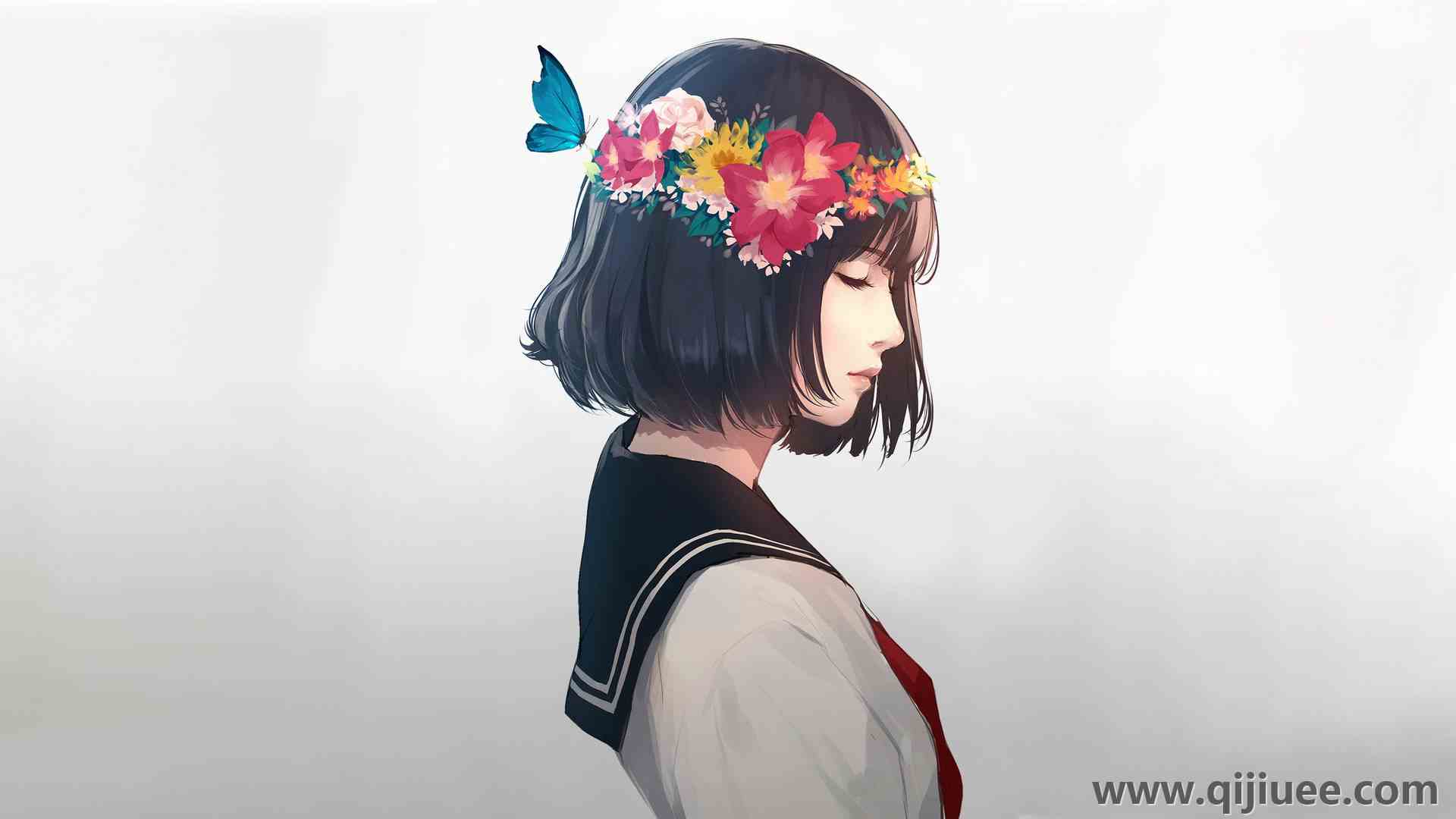 黑发 水手制服 花 头发里的花 蝴蝶 白色背景 简单背景 花冠 动物 昆虫  电脑壁纸 4K壁纸4096 x 2304/0.27 MB-柒染云阁