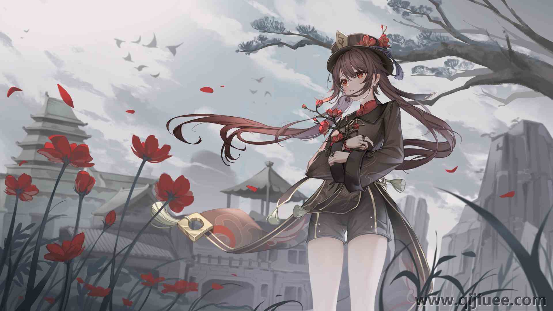 胡桃 原神 长发 动漫 动漫女孩 原神 鲜花 花瓣 双尾  电脑壁纸 4K壁纸3840 x 2160/2.24 MB-柒染云阁
