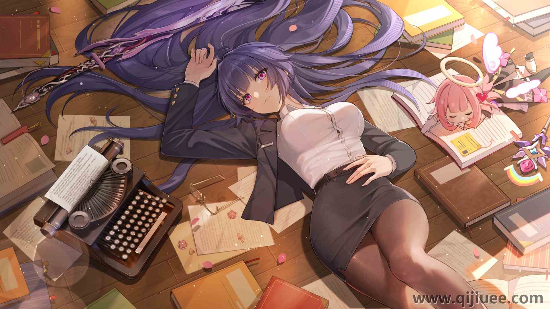 仰卧 躺着 紫色的头发 长发 动漫 动漫女孩 书籍 打字机 电脑壁纸 4K壁纸3840 x 2160/1.96 MB-柒染云阁