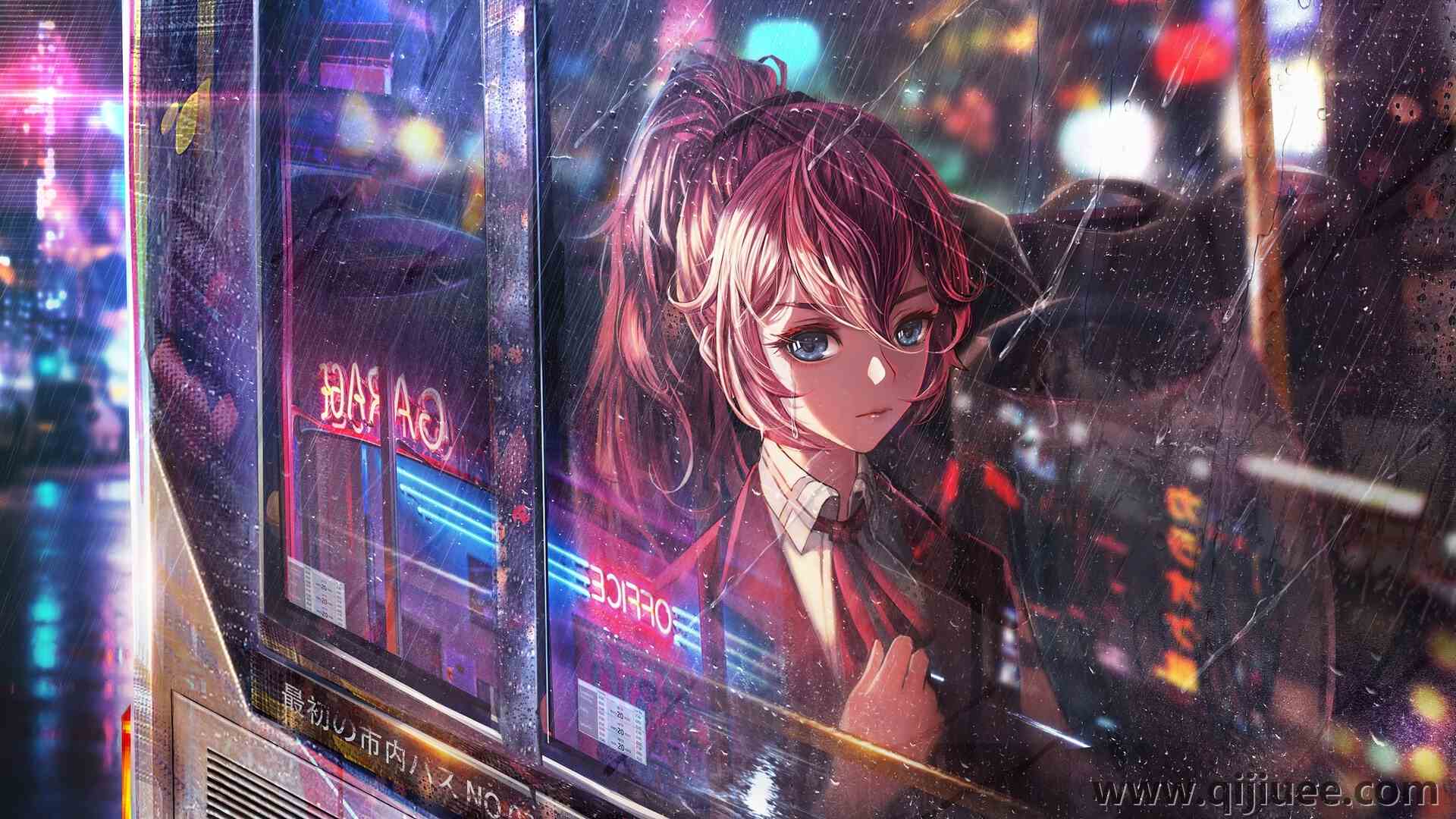 马尾辫 蓝眼睛 动漫女孩 城市灯光 雨 窗户  电脑壁纸 4K壁纸3840 x 2160/6.4 MB-柒染云阁