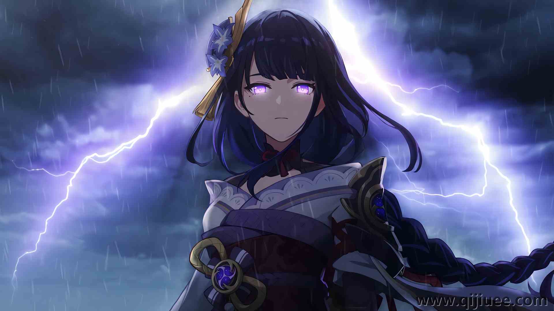 紫色头发 黑痣 辫子 雷登幕府 原神 闪电 雨 动漫女孩 数码灯光 紫色眼睛 和服  电脑壁纸 4K壁纸3840 x 2160/2.02 MB-柒染云阁