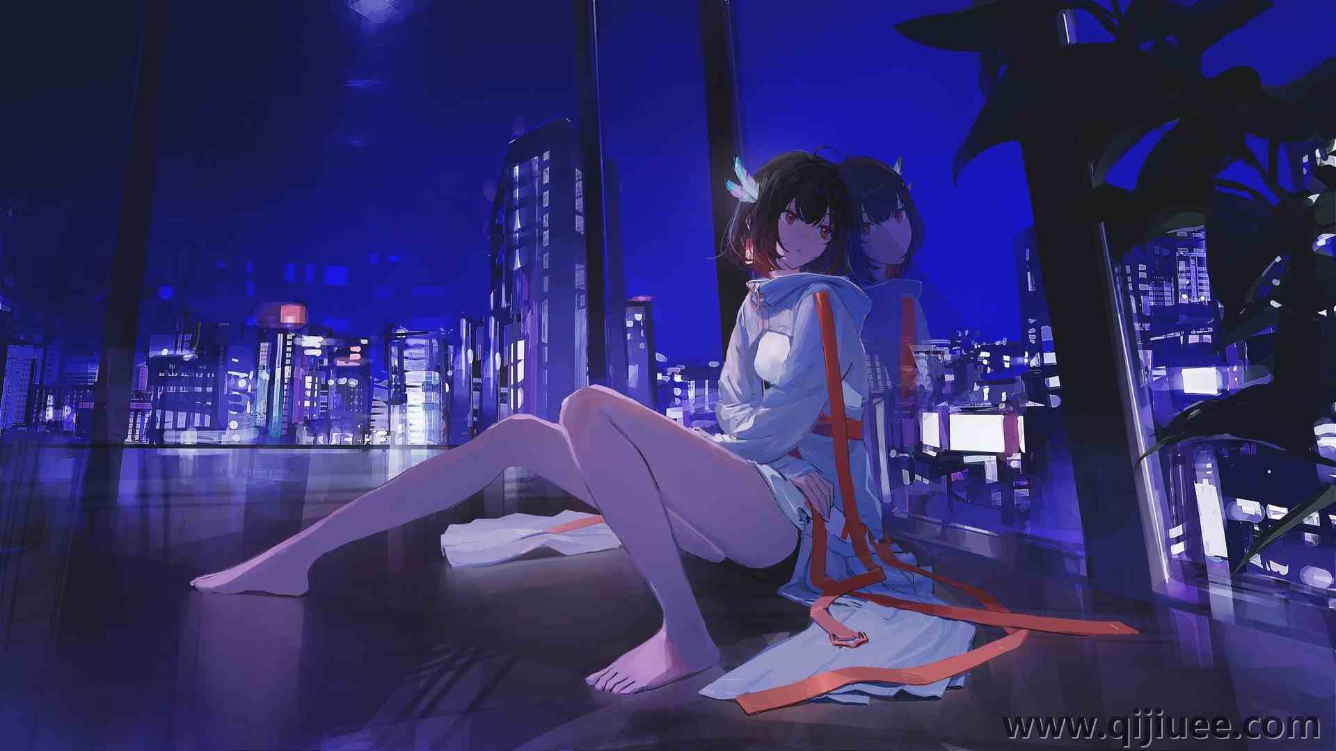 原创人物 赤脚 短发 深色头发 红眼睛 动漫女孩 夜晚 城市风光  电脑壁纸 4K壁纸4096 x 2304/1.34 MB-柒染云阁