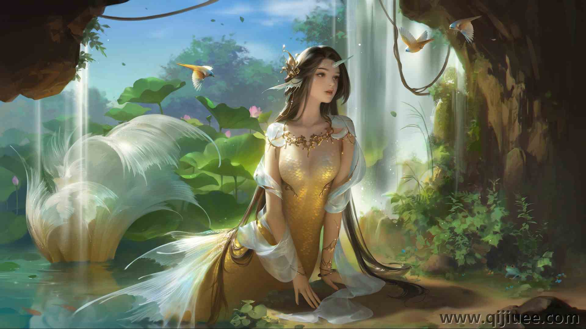 女人 梦幻女孩 美人鱼 梦幻艺术 AI艺术 生物 鸟 瀑布 植物  电脑壁纸 4K壁纸5120 x 2880/2.38 MB-柒染云阁