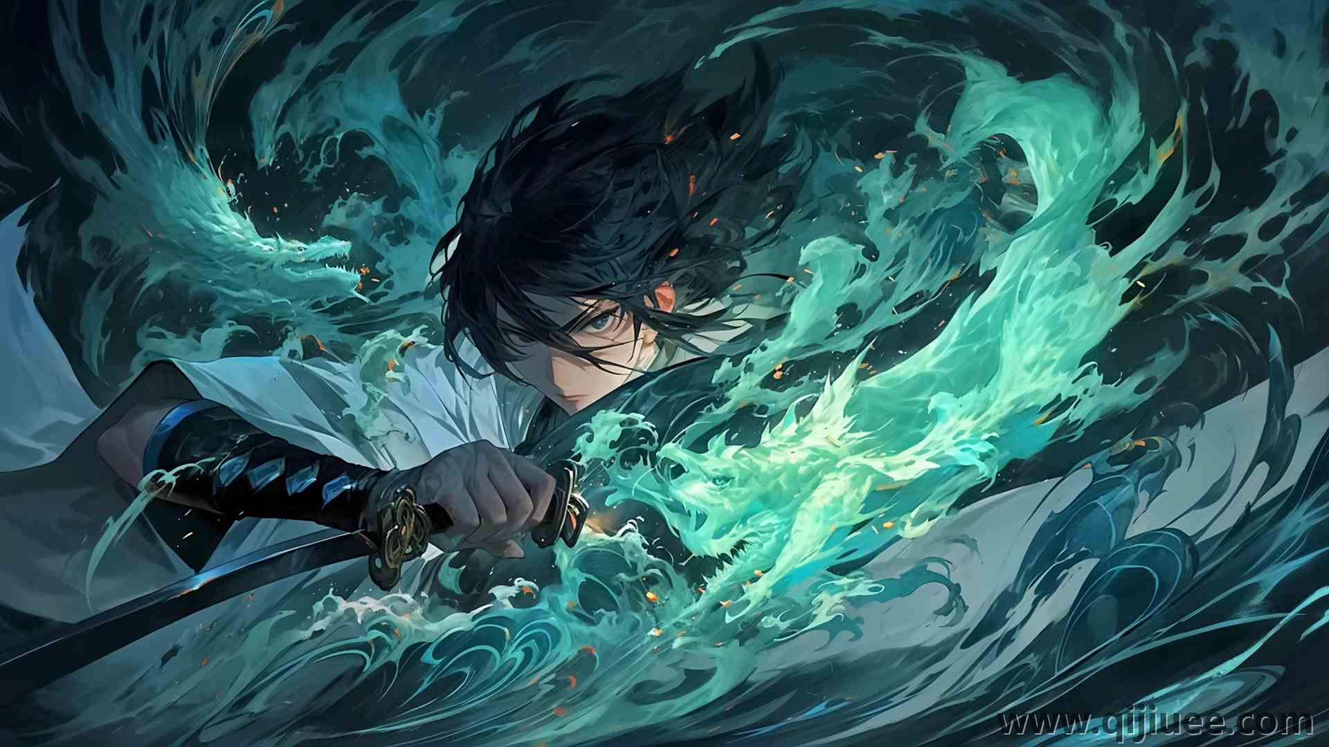 动漫 黑发 男人 武器 AI艺术 动漫男孩 水  电脑壁纸 4K壁纸5000 x 2801/4.99 MB-柒染云阁