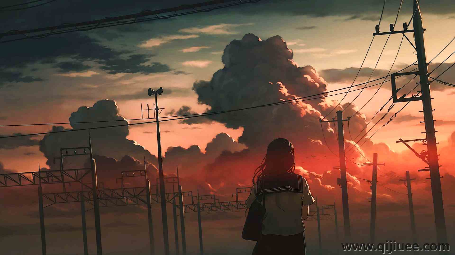 女学生 图片 日落 动漫女孩 云 天空 校服 夕阳辉光  电脑壁纸 4K壁纸3840 x 2160/3.65 MB-柒染云阁