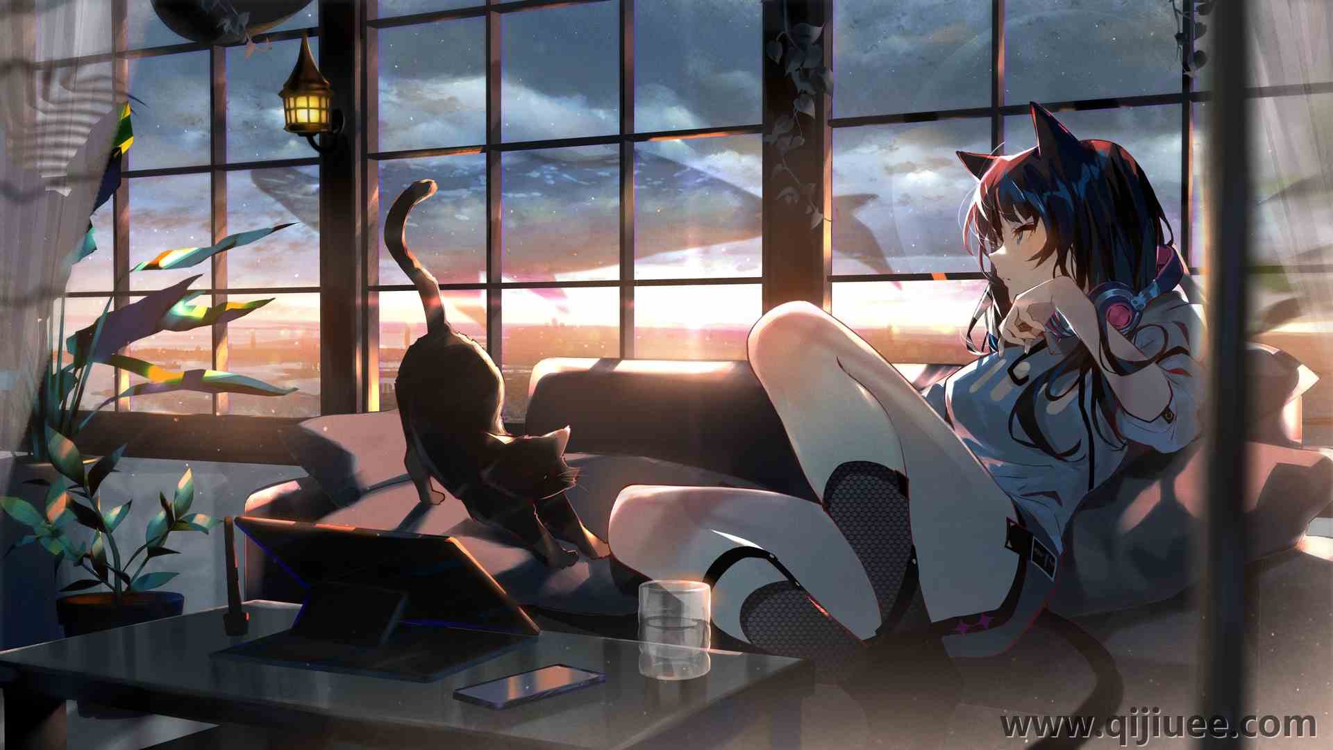 猫女孩 原创人物 黑发 动漫女孩 黑猫 房间 窗户  电脑壁纸 4K壁纸4096 x 2304/1.73 MB-柒染云阁