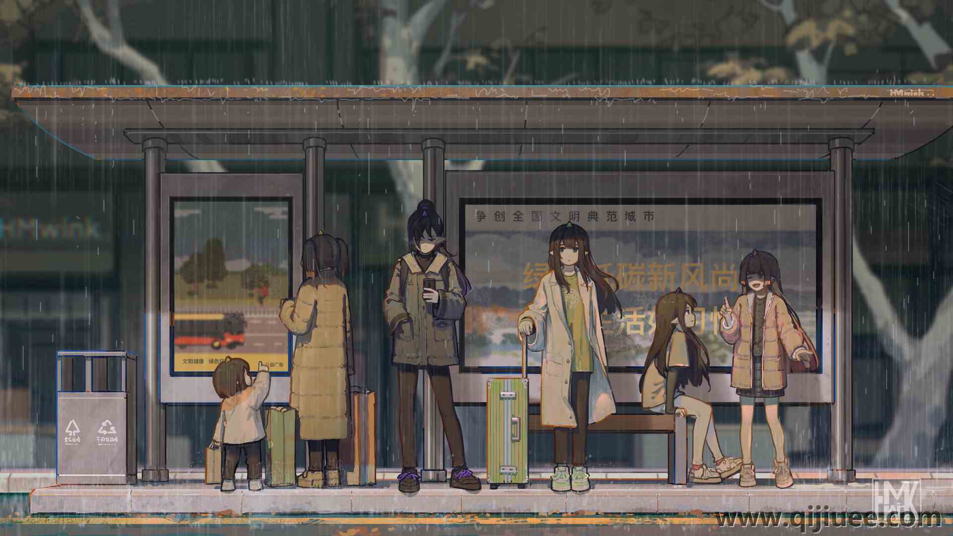 动漫女孩 公交车站 雨 兽耳 数码艺术 公文包 城市 行李箱  电脑壁纸 4K壁纸4661 x 2622/8.22 MB-柒染云阁