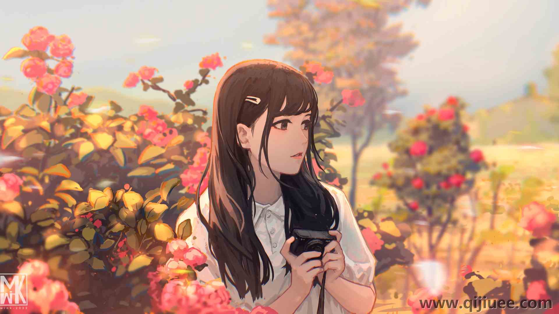 长发 黑眼睛 插图 花朵 阳光 黑发  电脑壁纸 4K壁纸5337 x 2800/1.81 MB-柒染云阁