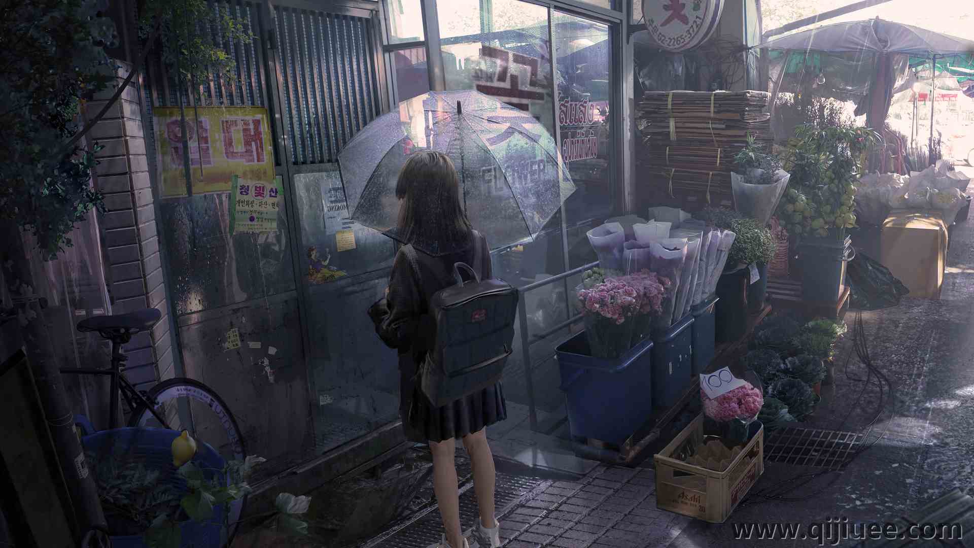 雨 花店 雨伞 电脑壁纸 4K壁纸4006 x 2160/6.3 MB-柒染云阁