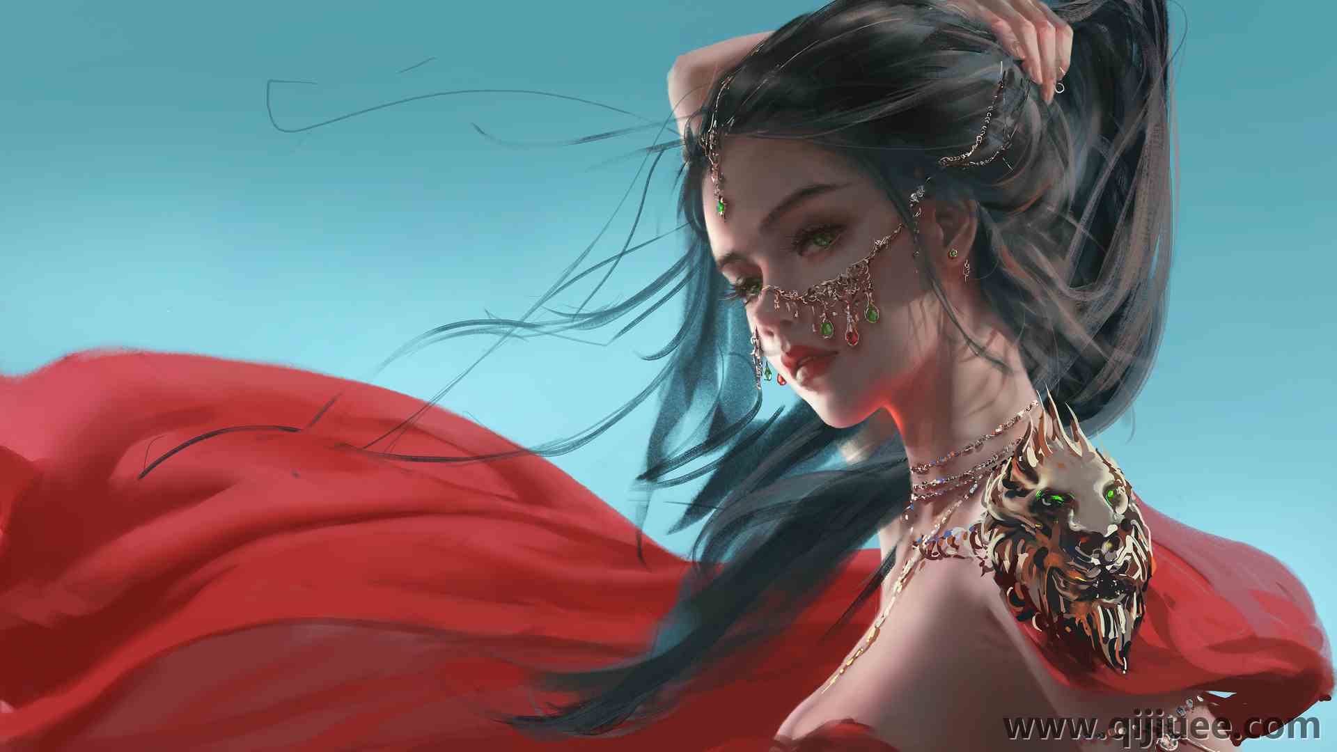 奇幻女孩 绿眼睛 AI艺术 素描 幽灵之刃 黑发  电脑壁纸 4K壁纸4200 x 2386/4.28 MB-柒染云阁