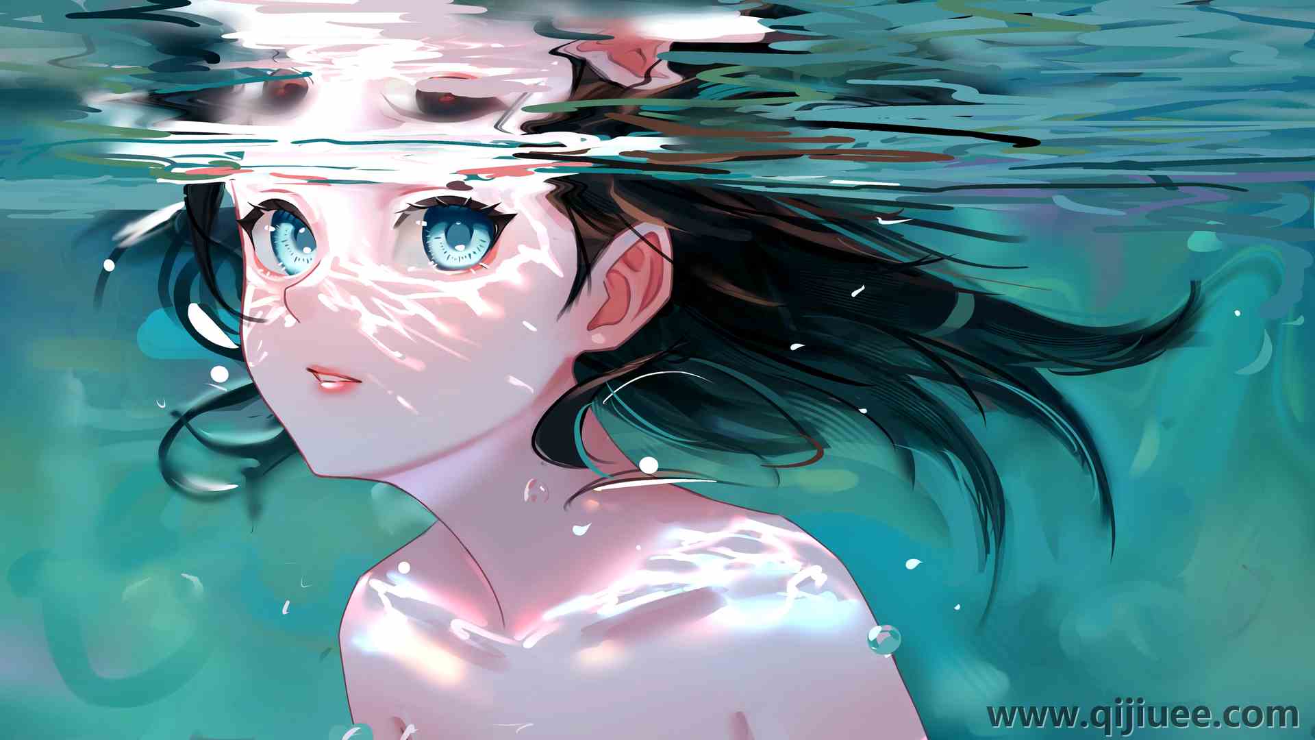 女人 长发 深色头发 蓝眼睛 AI艺术 插图 肖像 水 水下 绘画 反射 阳光 气泡  电脑壁纸 4K壁纸4772 x 2685/9.24 MB-柒染云阁