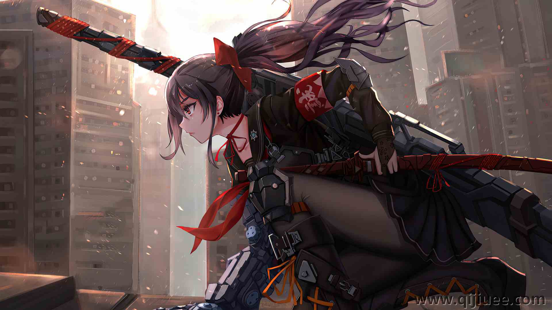 长发 红眼睛 马尾辫 动漫女孩 剑 制服 武器 迷你裙 连裤袜 黑色连裤袜 百褶裙 长袖  电脑壁纸 4K壁纸3840 x 2160/3.11 MB-柒染云阁