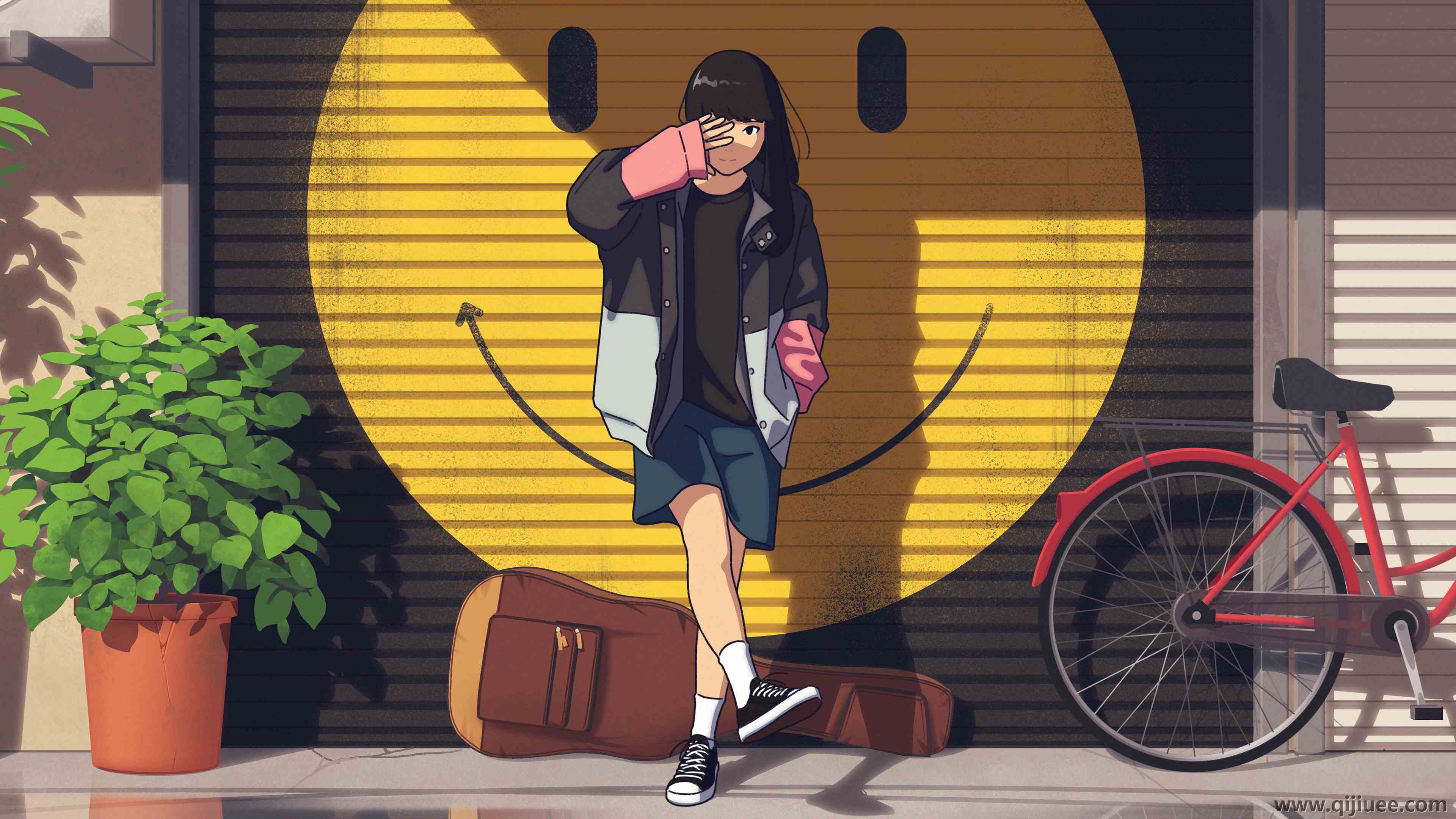 动漫女孩 微笑 剪裁 乐器 吉他 动漫 自行车 敞开夹克 手机  电脑壁纸 4K壁纸3840 x 2160/3.43 MB-柒染云阁