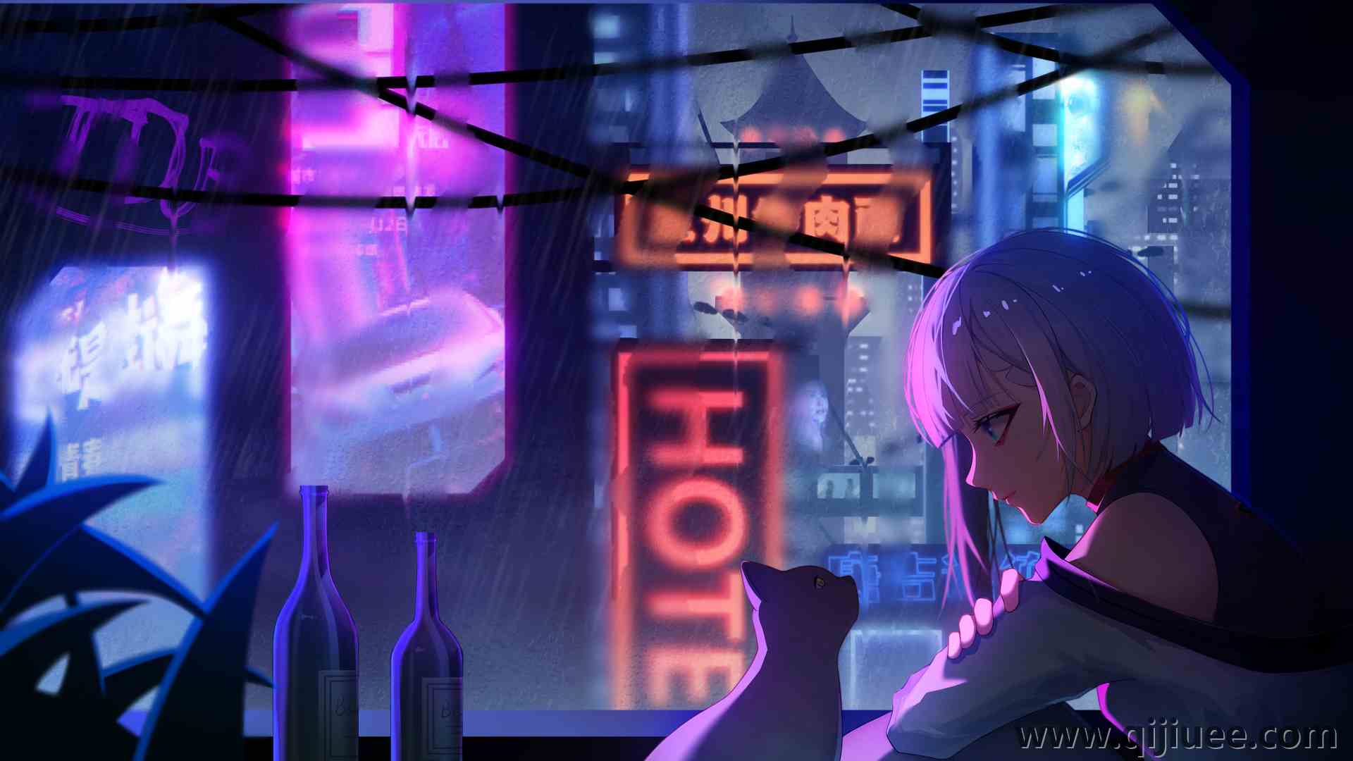 动漫女孩 猫 雨 霓虹灯 动物 树叶 城市 城市灯光 电脑壁纸 4K壁纸4425 x 2654/10.95 MB-柒染云阁