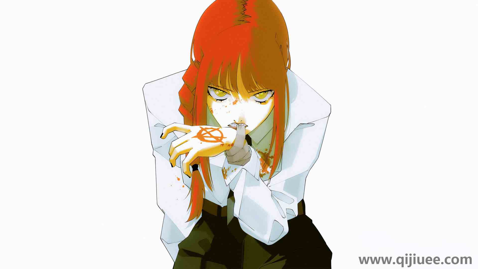 红发 看观众 动漫 动漫女孩绷带 黄眼睛 裤子 白衬衫 简单背景 黑色裤子 腰带  电脑壁纸 4K壁纸3840 x 2160/1.71 MB-柒染云阁