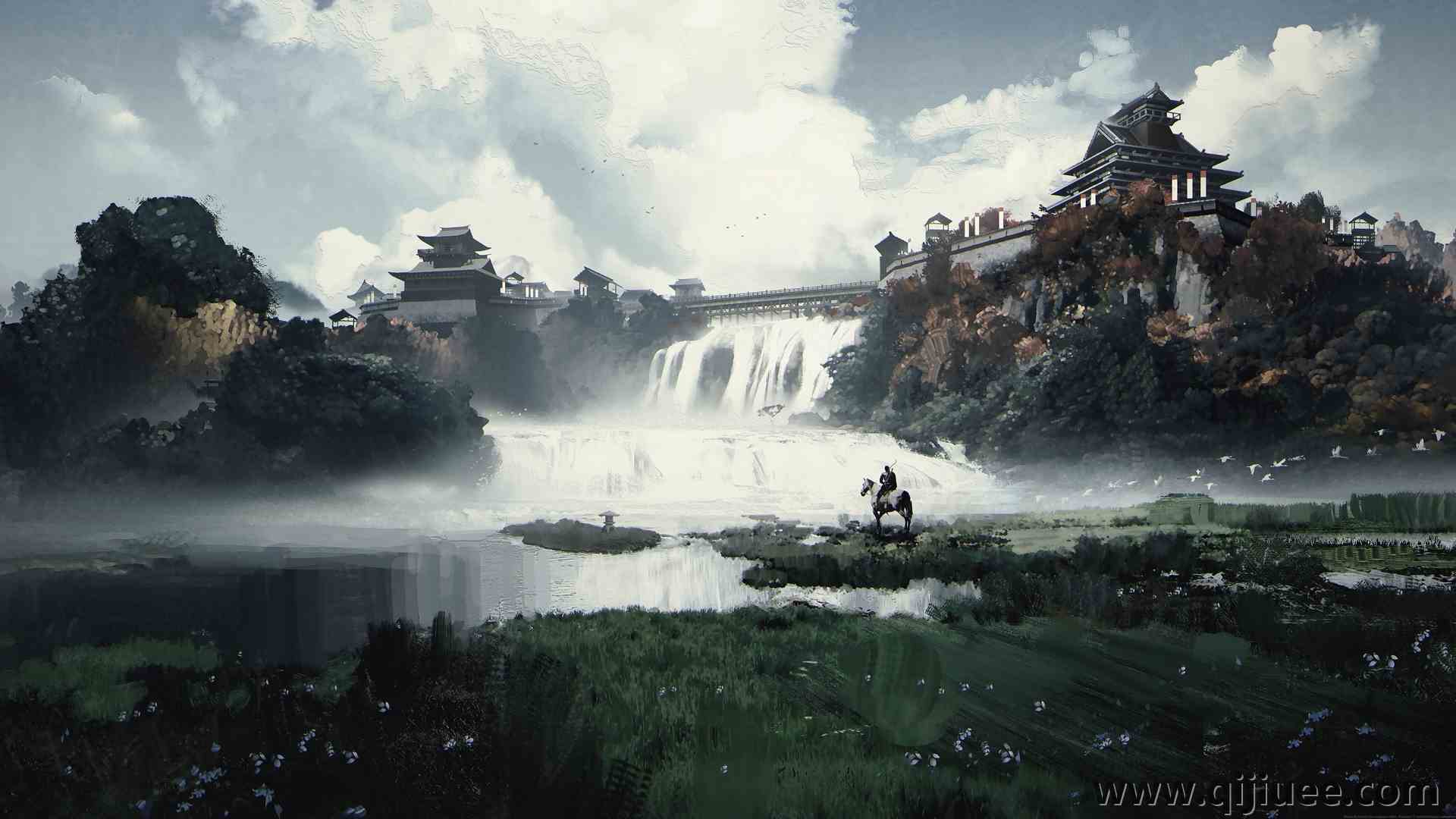 电子游戏 电子游戏艺术 马 瀑布 城堡 电脑壁纸 4K壁纸5120 x 2160/4.72 MB-柒染云阁