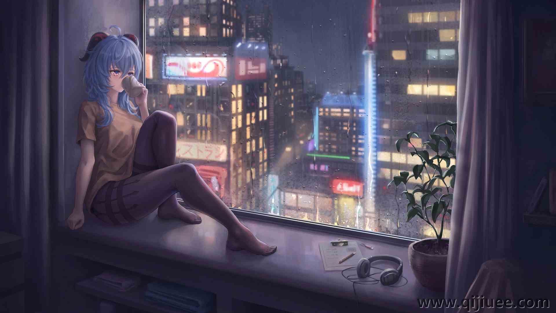 女人在室内 坐着 在室内 下雨 窗户 喇叭 城市灯光  电脑壁纸 4K壁纸3840 x 2160/1.71 MB-柒染云阁