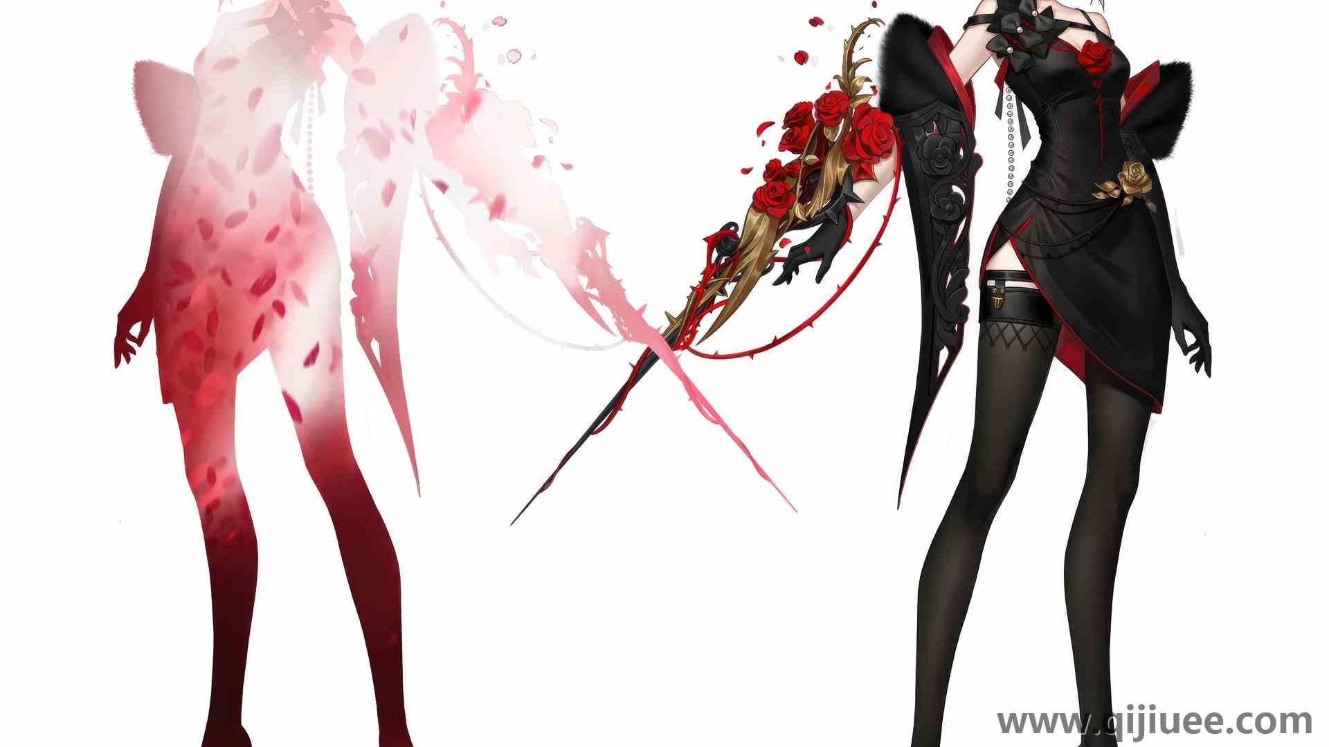 荣誉国王 刀 长袜 黑裙子 花衣服 花在头发 游戏 极简主义 白色背景 花瓣 帽子  电脑壁纸 4K壁纸4412 x 4320/3.69 MB-柒染云阁