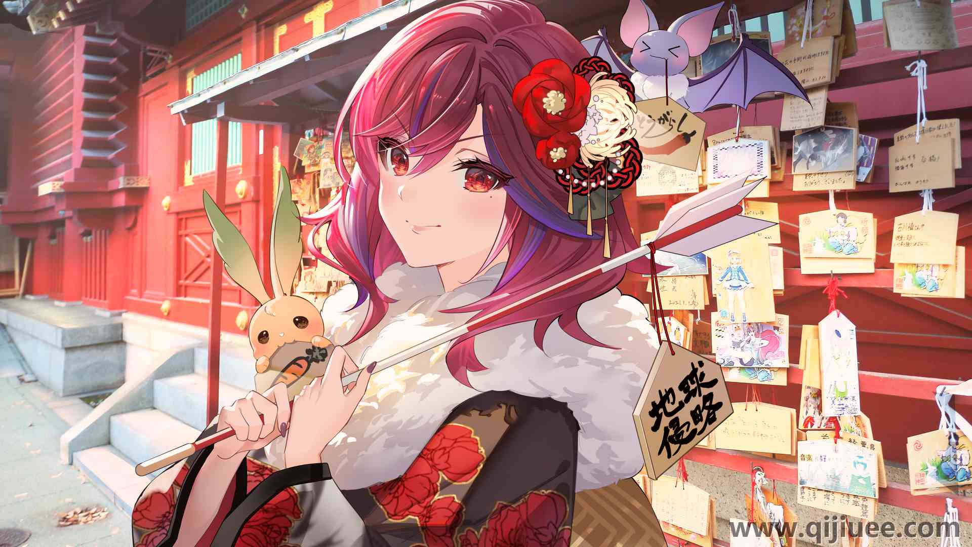 红发 红眼 动漫 动漫女孩 美术作品 虚拟 新年 服装 玫瑰  电脑壁纸 4K壁纸3840 x 2161/5 MB-柒染云阁