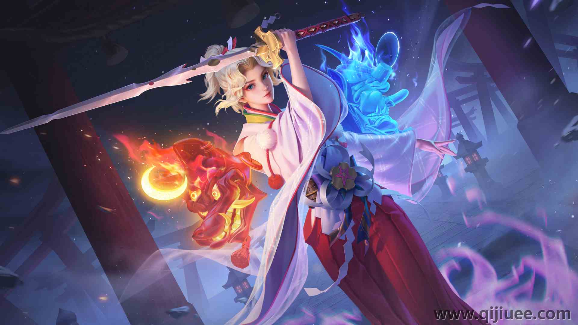 女人 金发 马尾辫 王者荣耀 游戏 和服 剑 鸟取 武士 数码艺术3840 x 2160/1.89 MB-柒染云阁
