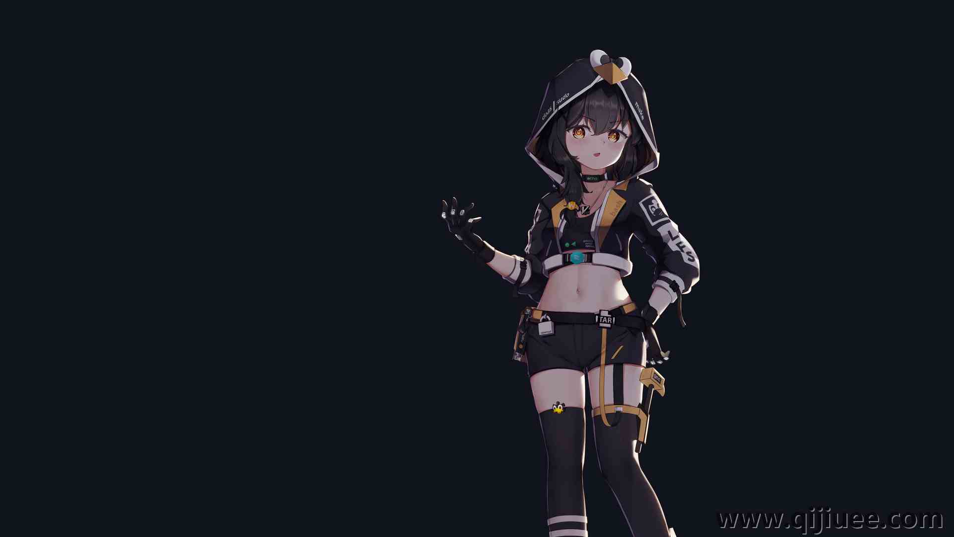 动漫女孩 简单背景 黑色背景 兜帽 极简主义 手套 项链 黑发 电脑壁纸 4K壁纸5120 x 2880/5.55 MB-柒染云阁