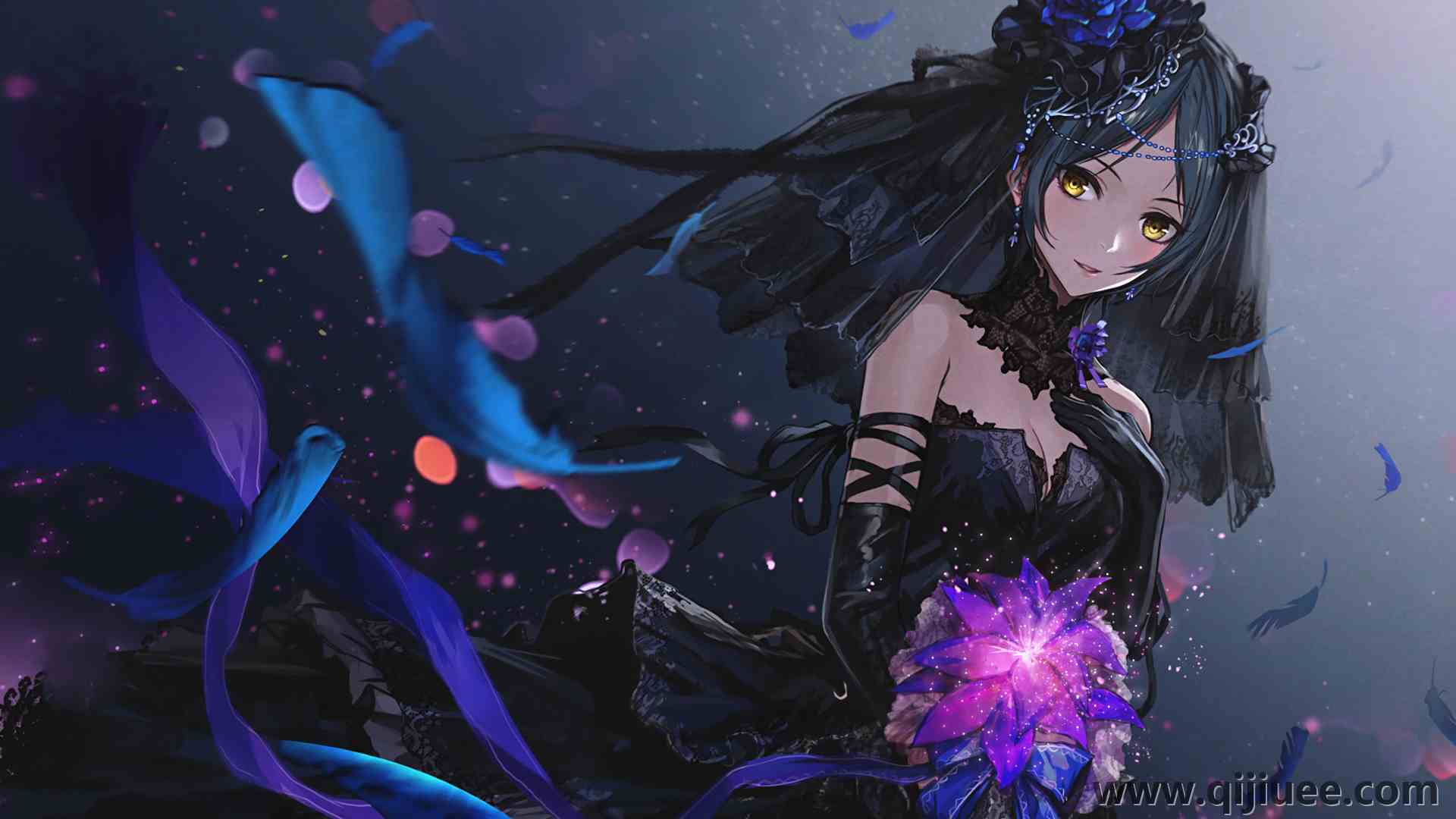动漫 动漫女孩 鲜花 礼服 婚纱 黄眼睛 羽毛 电脑壁纸 4K壁纸3840 x 2160/2.27 MB-柒染云阁