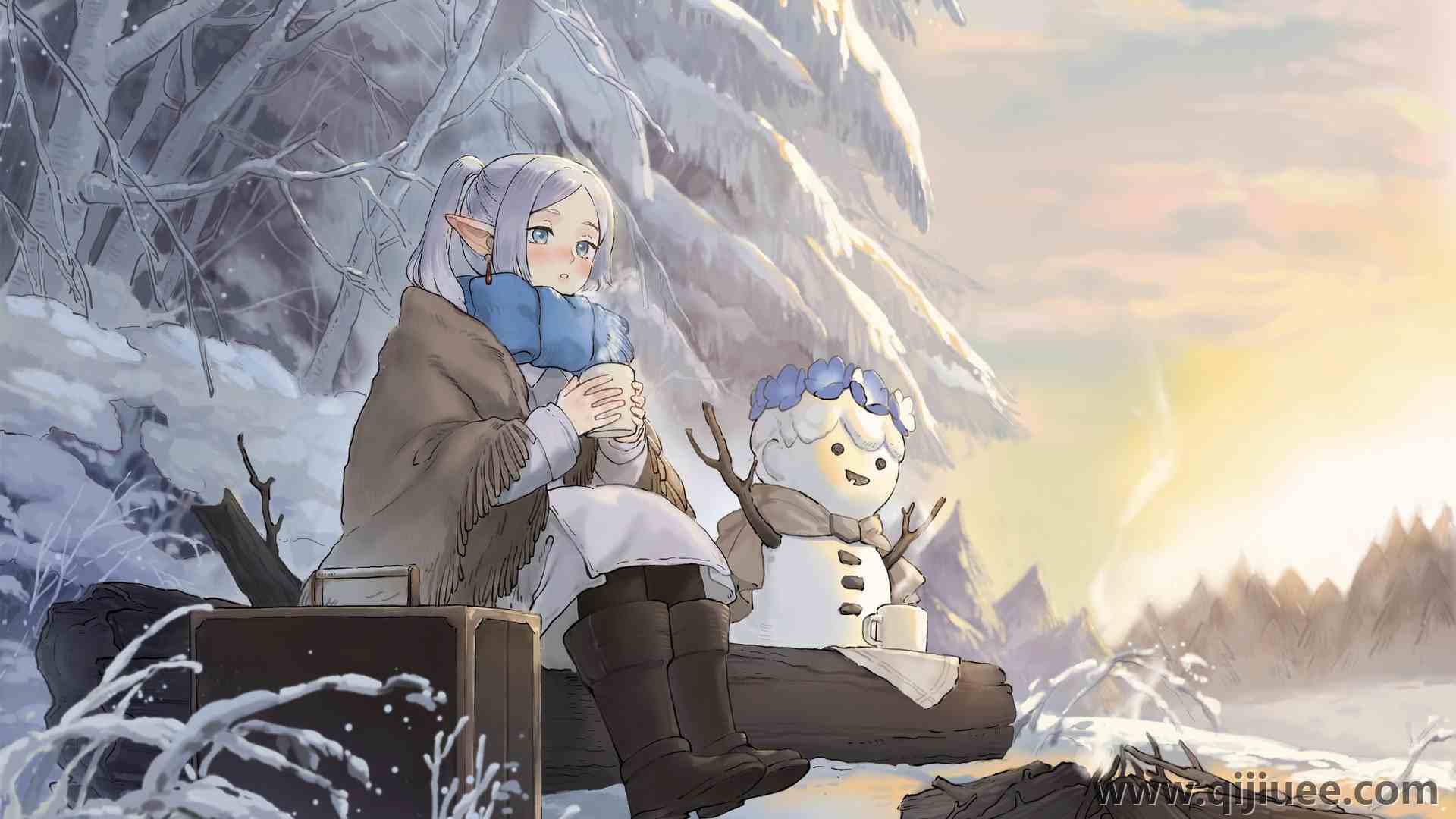 望向别处 妇女户外 坐 雪 动漫女孩 尖耳朵 电脑壁纸 4K壁纸3854 x 2480/1.36 MB-柒染云阁