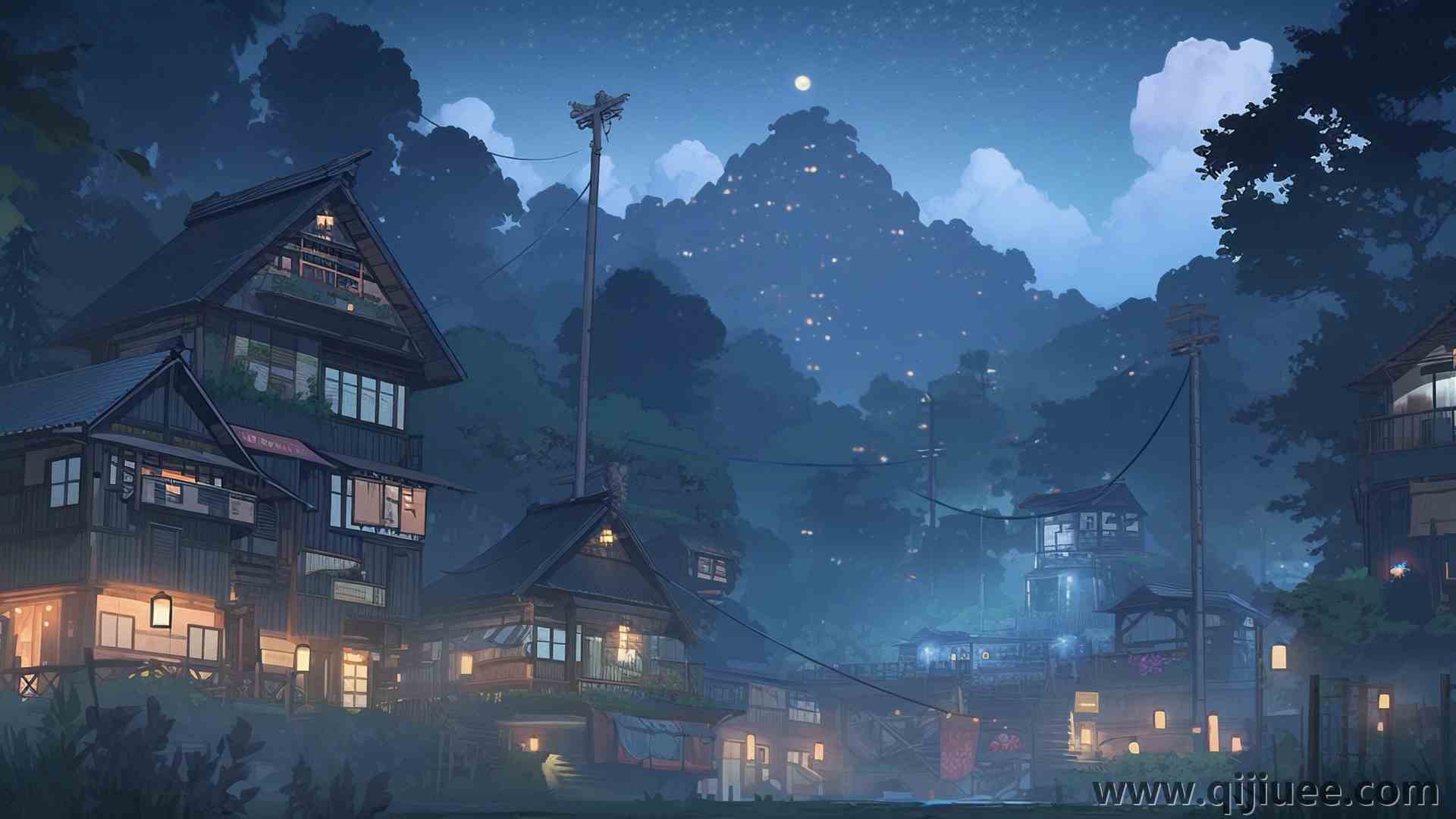 AI艺术 村庄 夜晚 建筑 云 树 叶 灯 电脑壁纸 4K壁纸6720 x 2880/3.45 MB-柒染云阁