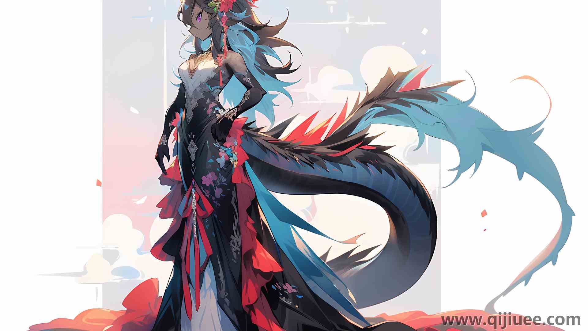 动漫女孩 龙女 数字艺术 双色调头发 极简主义 简单背景 喇叭 龙角 连衣裙 头发里的花 电脑壁纸 4K壁纸5248 x 3712/6.58 MB-柒染云阁