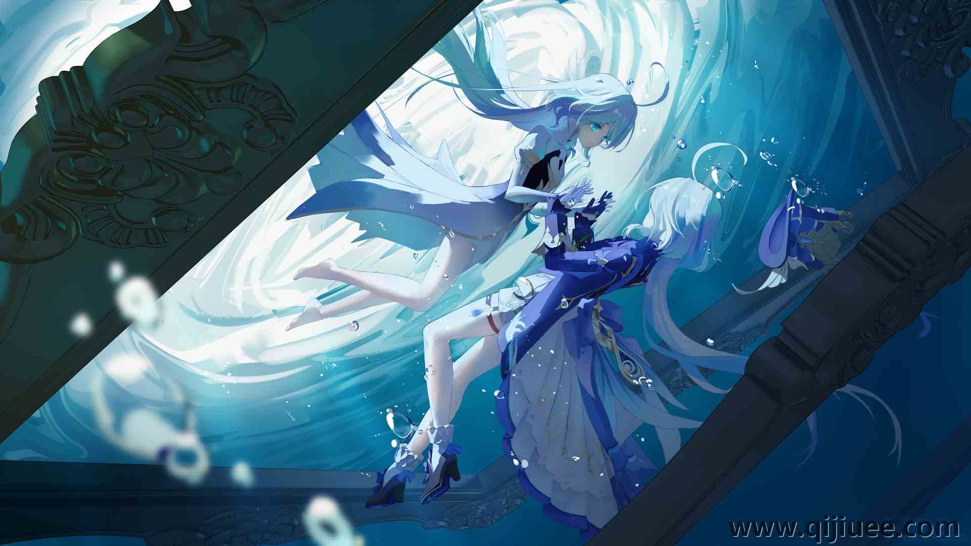 手牵手 长发 蓝头发 蓝眼睛 动漫 动漫女孩 电脑壁纸 4K壁纸6000 x 3375/5.05 MB-柒染云阁