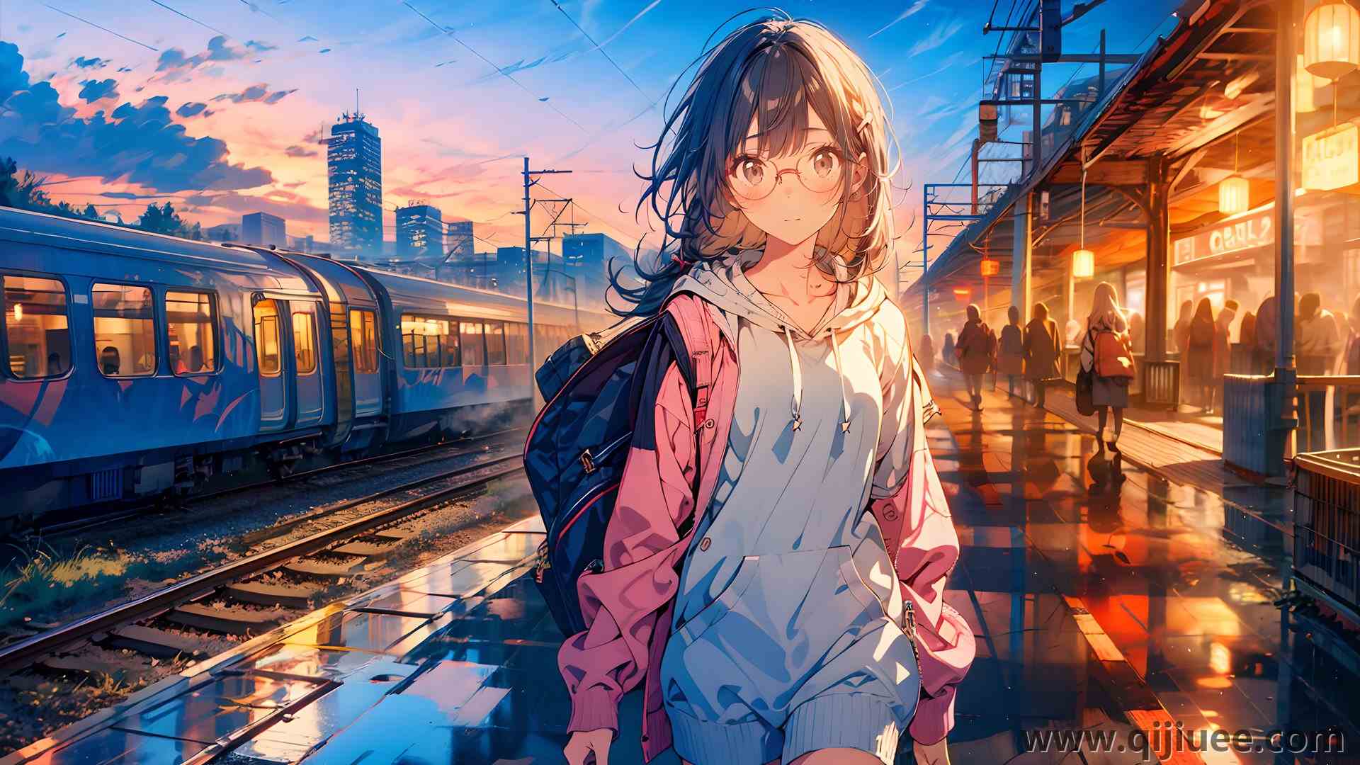 散步 人工智能艺术 火车 火车站 眼镜 背包 兜帽 铁路 傍晚 脸红 电脑壁 纸4K壁纸6144 x 4096/2.64 MB-柒染云阁