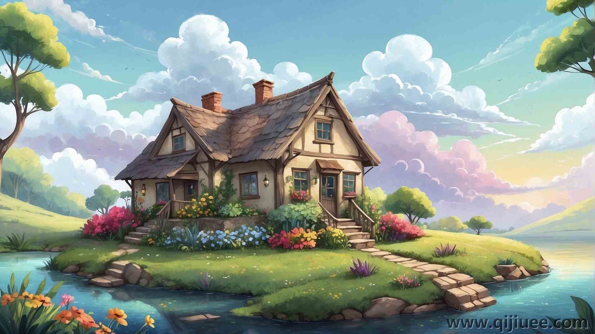 AI艺术 数字艺术 数字绘画 房屋 风景 插图 溪流 云 电脑壁纸 4K壁纸4084 x 2310/4.94 MB-柒染云阁